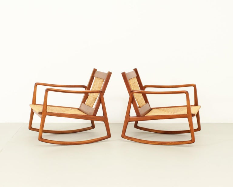 Pair of MidCentury Rocking Chairs with Woven Straw, Spain, 1960's For