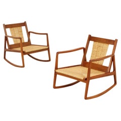 Pair of Mid-Century Rocking Chairs with Woven Straw, Spain, 1960's