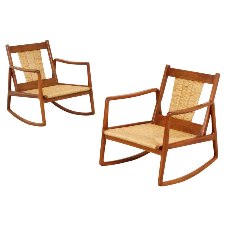 Pair of MidCentury Rocking Chairs with Woven Straw, Spain, 1960's For