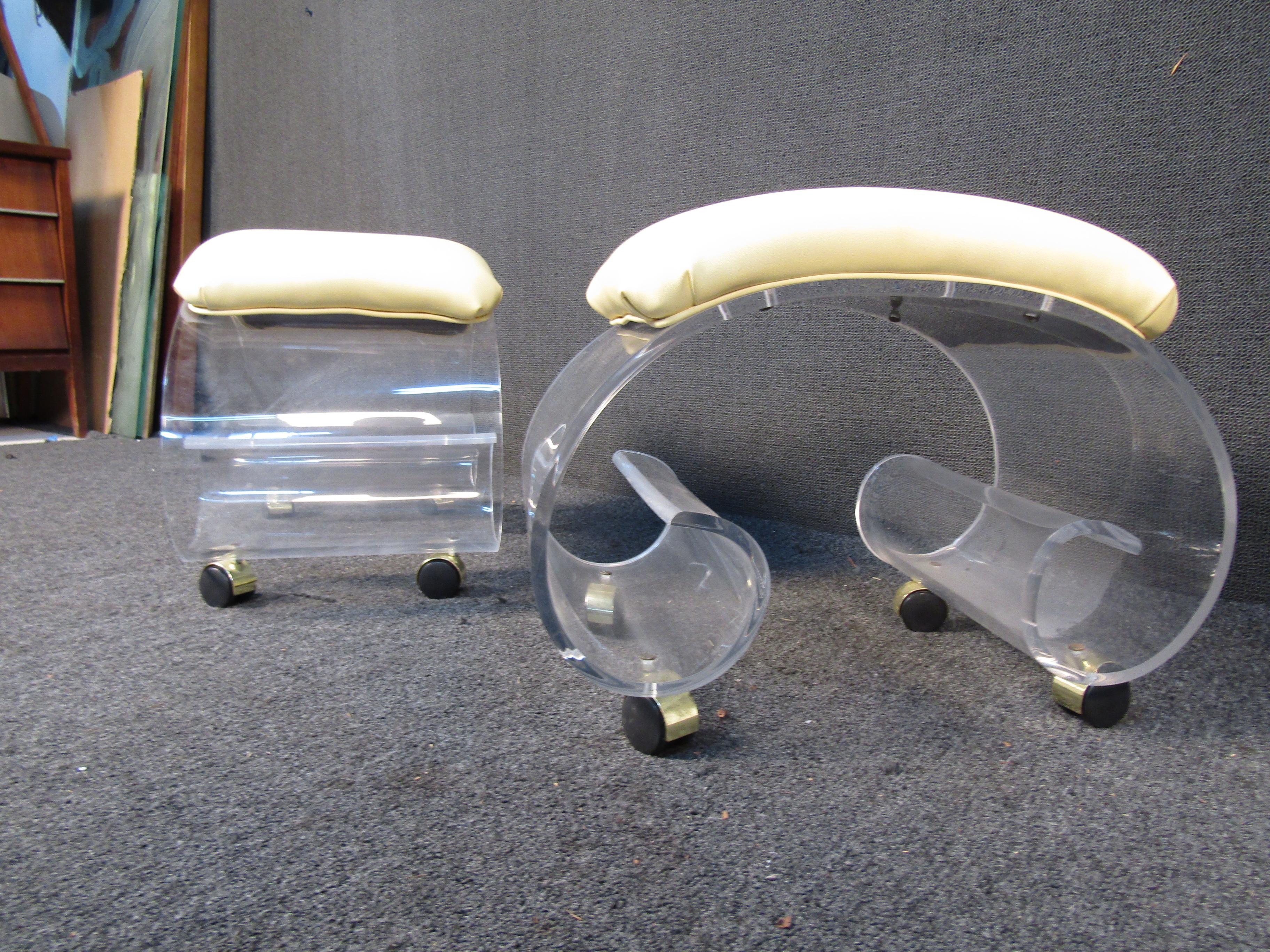 Pair of Mid-Century Rolling Lucite Benches For Sale 1