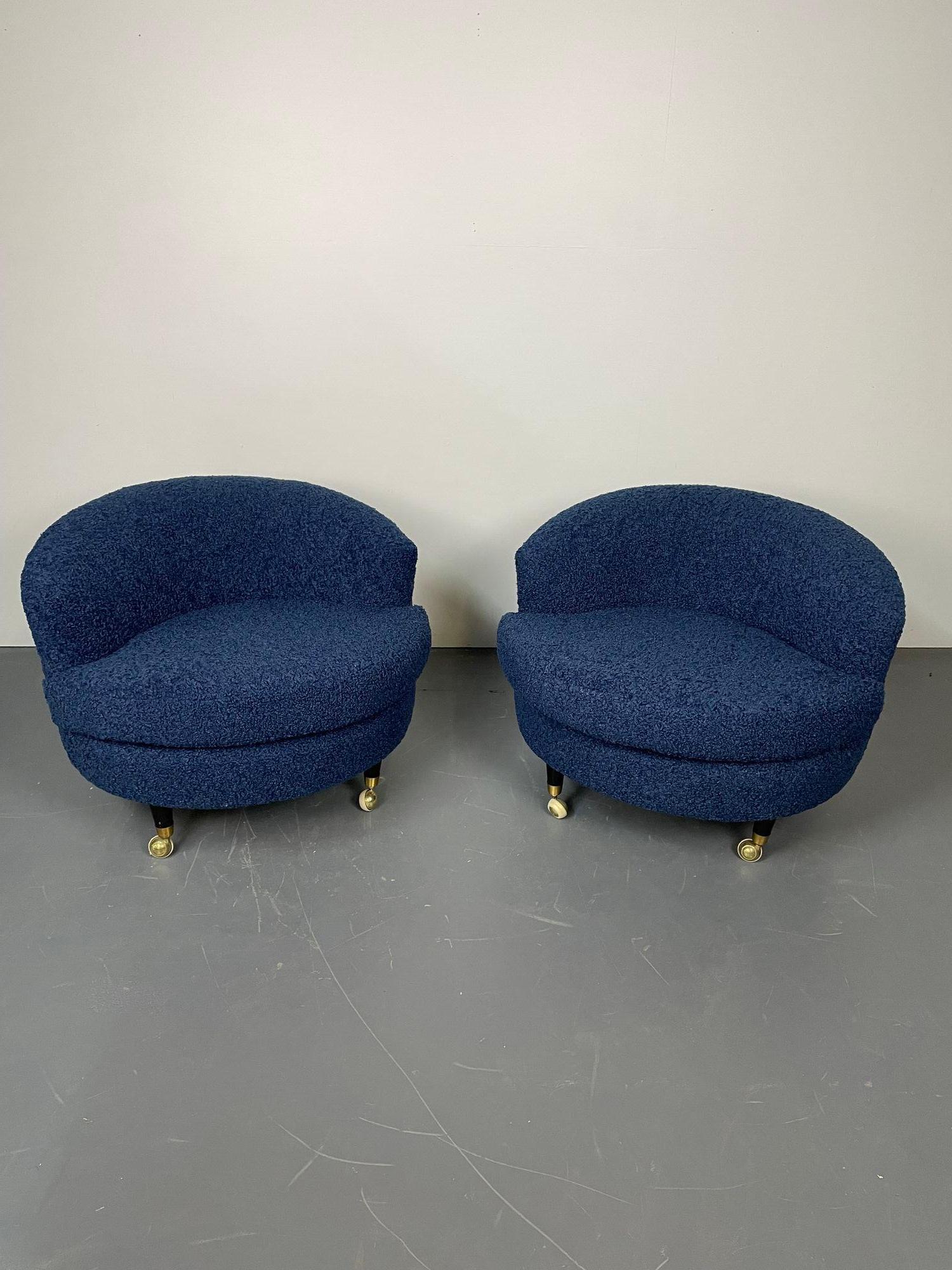 Bouclé Pair of Mid-Century Rolling Swivel Lounge / Slipper Chairs, Baughman Style For Sale