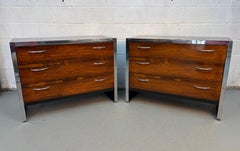 Pair of Mid-Century Rosewood and Chrome Three Drawer Dressers