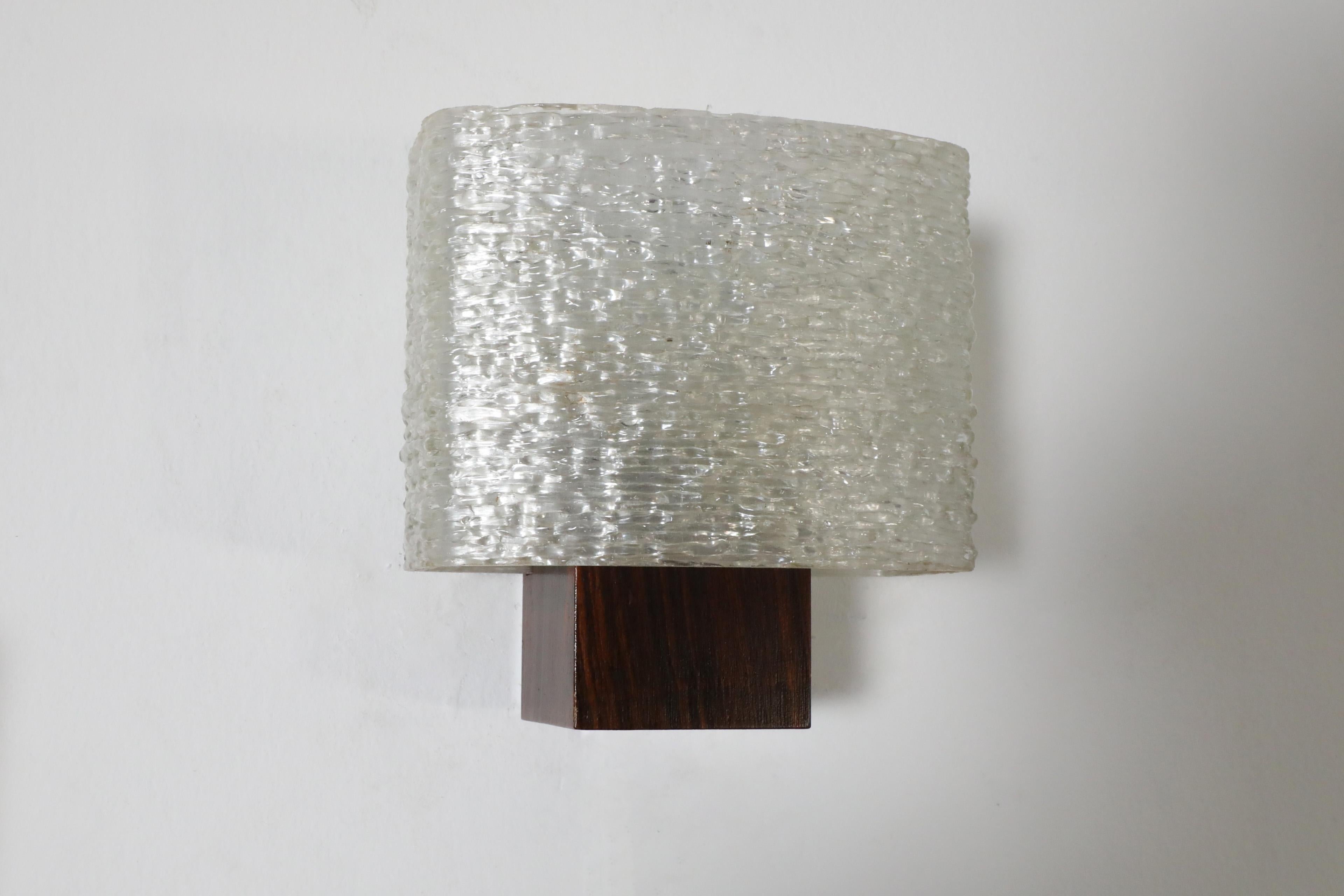 Pair of Mid-Century Rosewood & Chrome Base Sconces with Textured Resin Shades For Sale 1