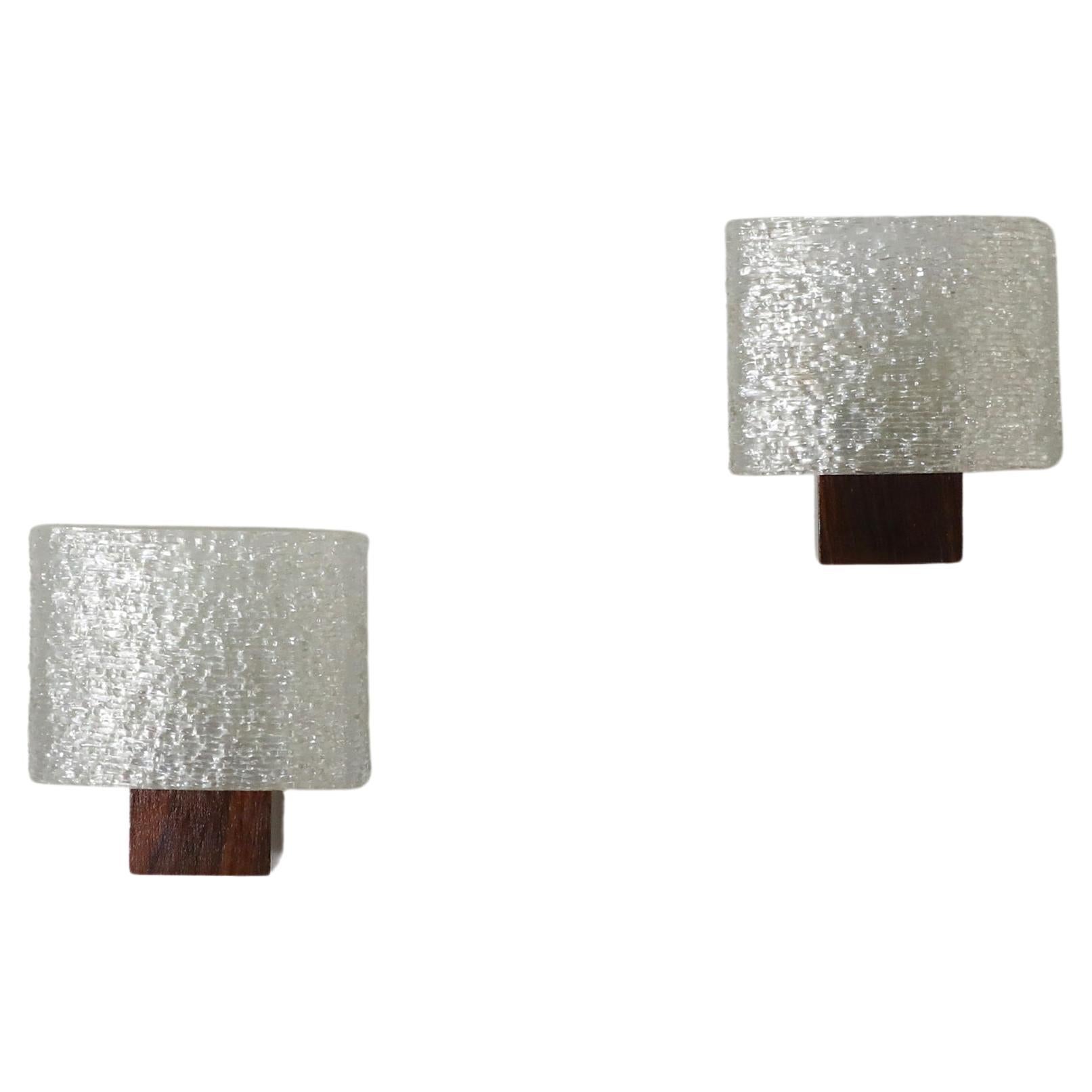 Pair of Mid-Century Rosewood & Chrome Base Sconces with Textured Resin Shades For Sale