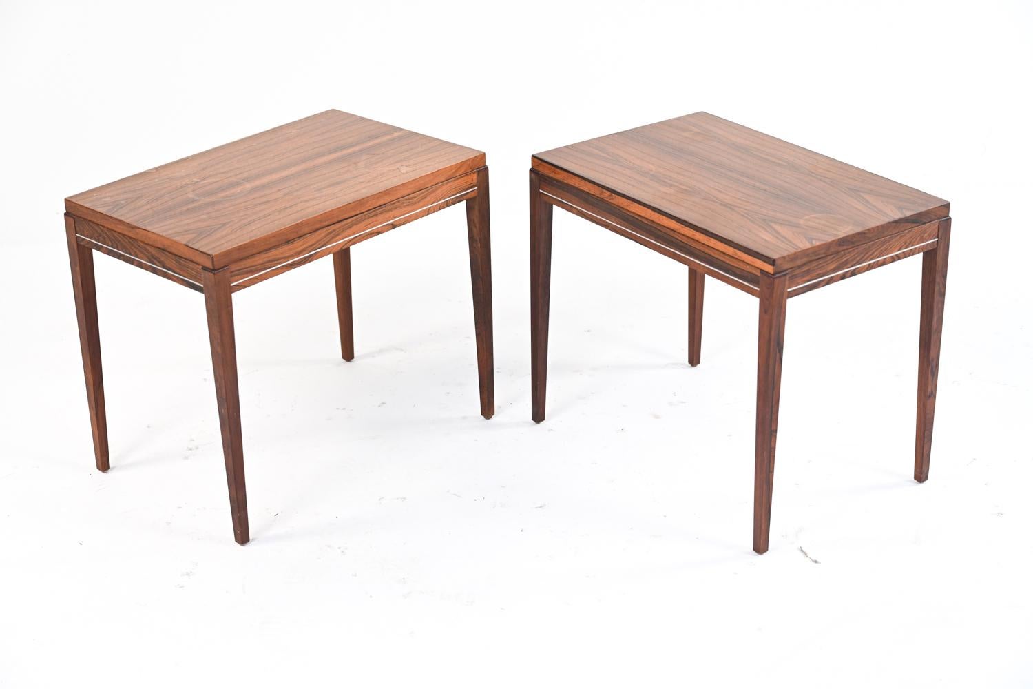 Mid-Century Modern Pair of Mid-Century Rosewood Side Tables with Banded Aluminum Inlay