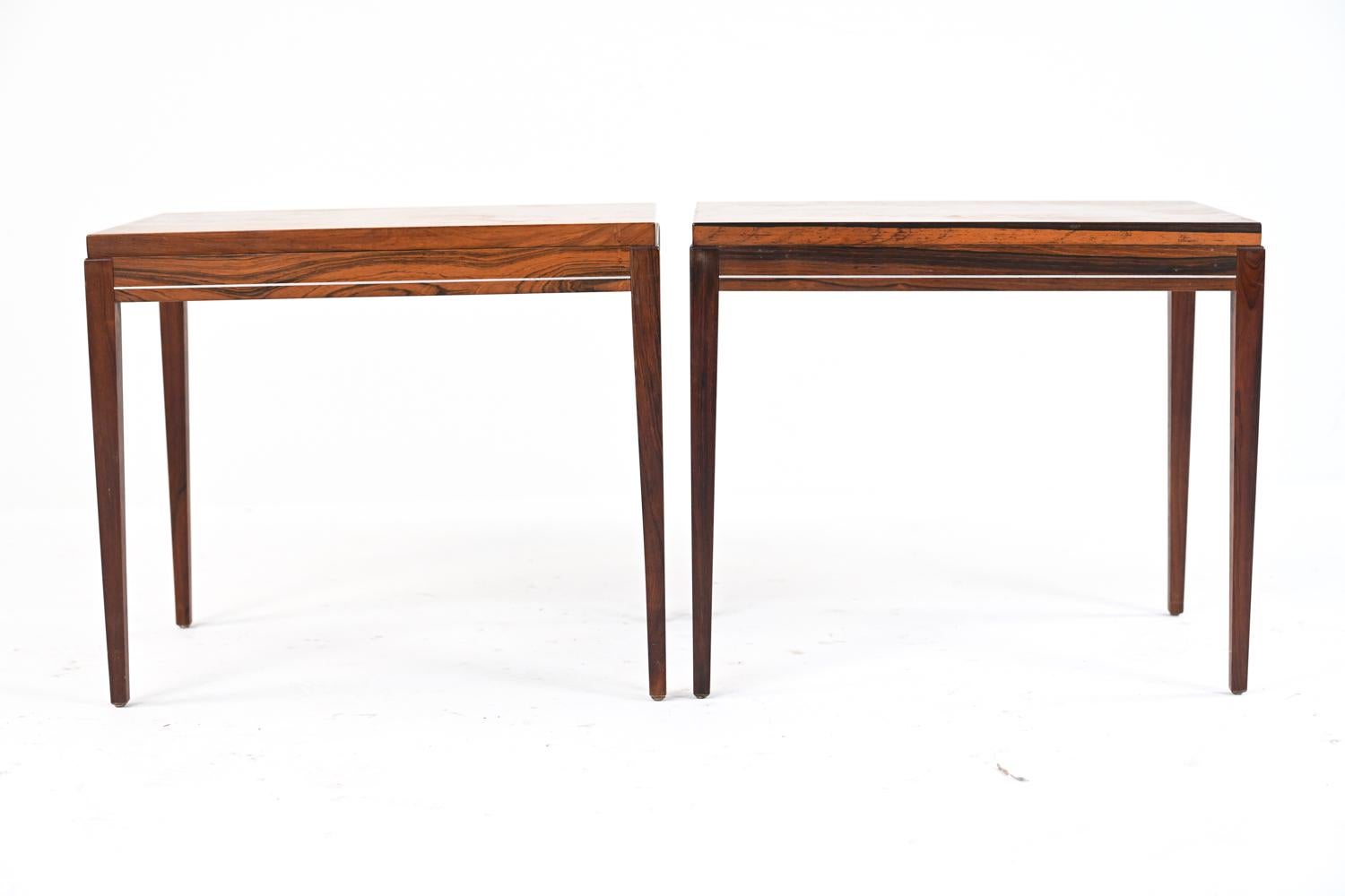 Pair of Mid-Century Rosewood Side Tables with Banded Aluminum Inlay In Fair Condition In Norwalk, CT