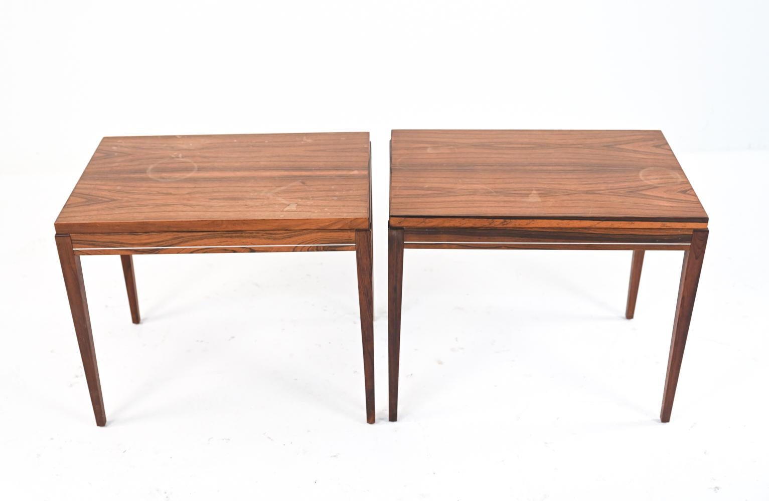 20th Century Pair of Mid-Century Rosewood Side Tables with Banded Aluminum Inlay