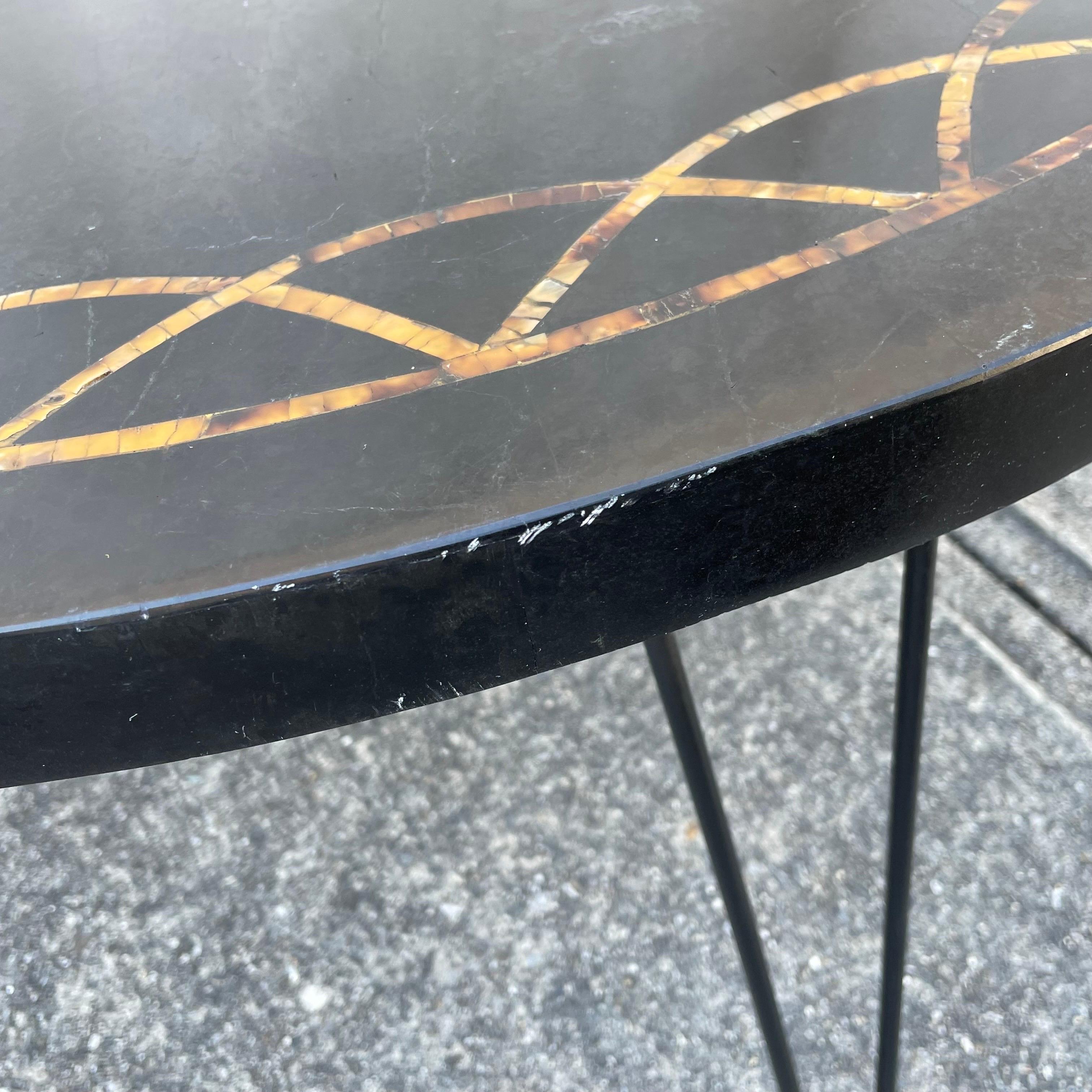 Pair of Mid Century Round Coffee Tables, Black with Gold Mosaic Inlay 4