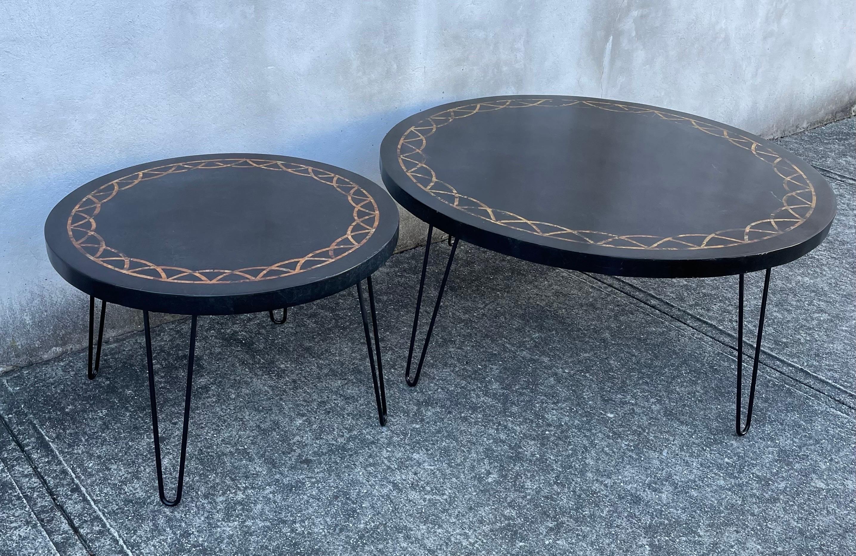 Mid-Century Modern Pair of Mid Century Round Coffee Tables, Black with Gold Mosaic Inlay