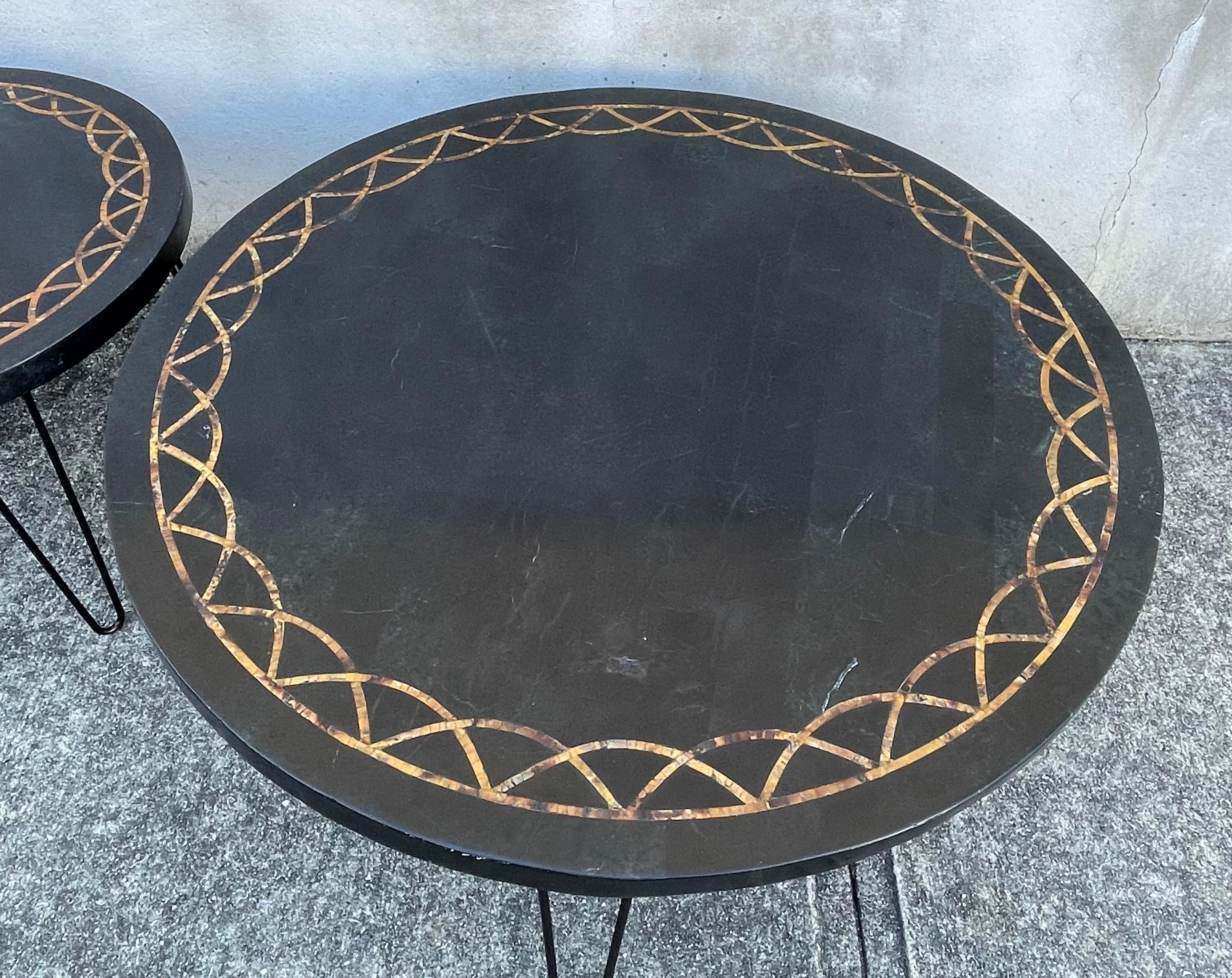 American Pair of Mid Century Round Coffee Tables, Black with Gold Mosaic Inlay