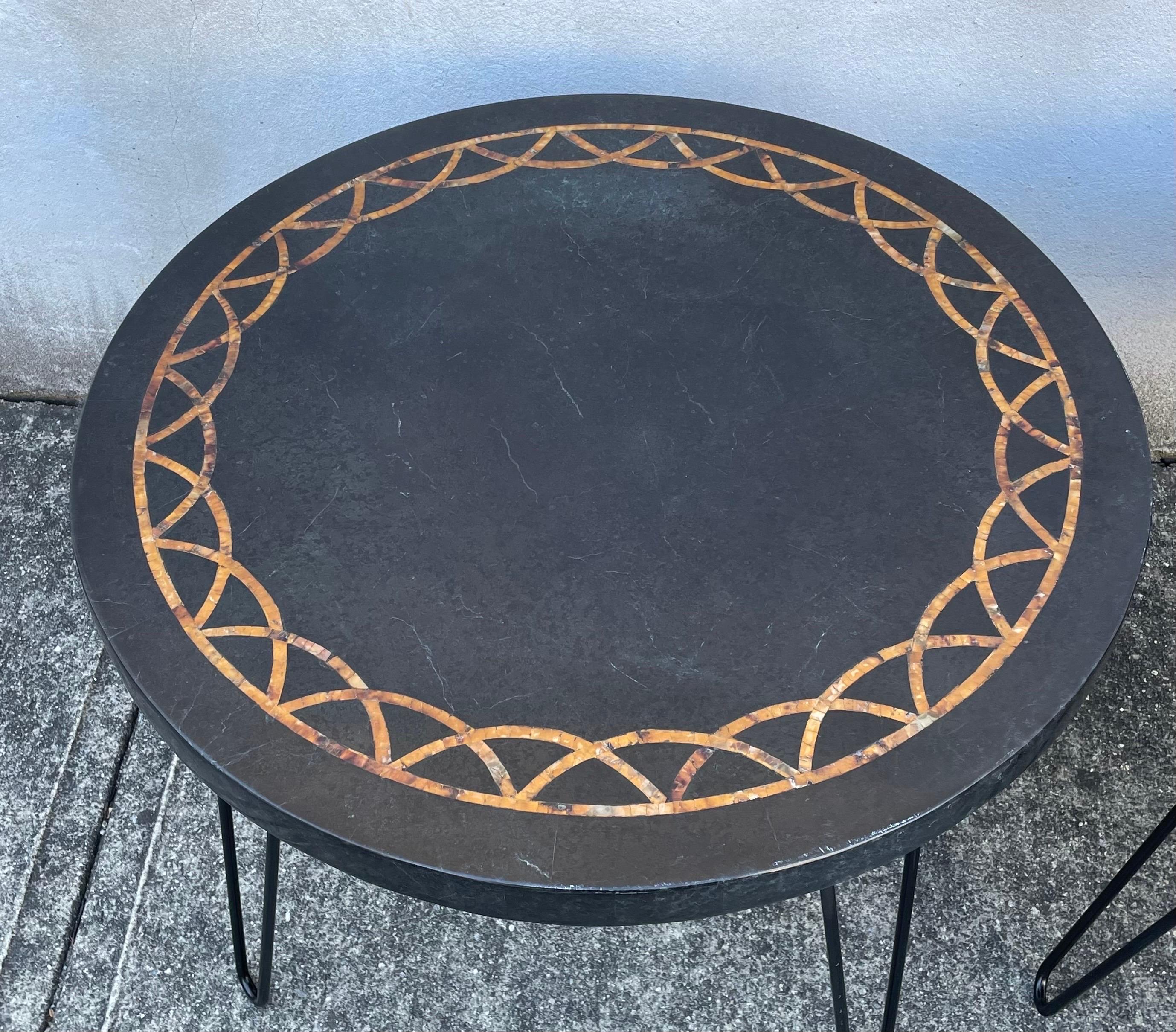 Pair of Mid Century Round Coffee Tables, Black with Gold Mosaic Inlay In Good Condition In Bedford Hills, NY