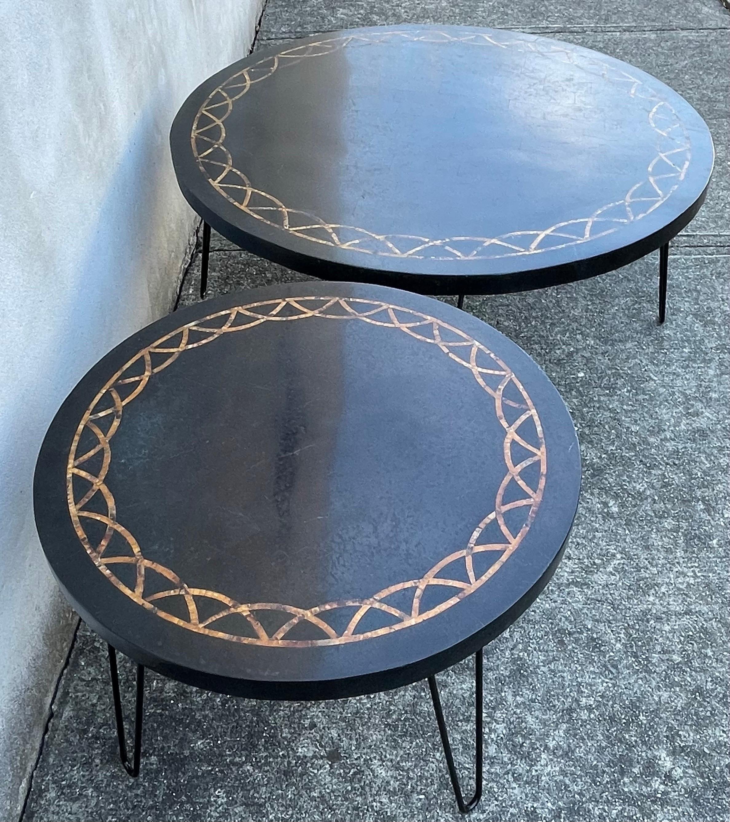 Mid-20th Century Pair of Mid Century Round Coffee Tables, Black with Gold Mosaic Inlay
