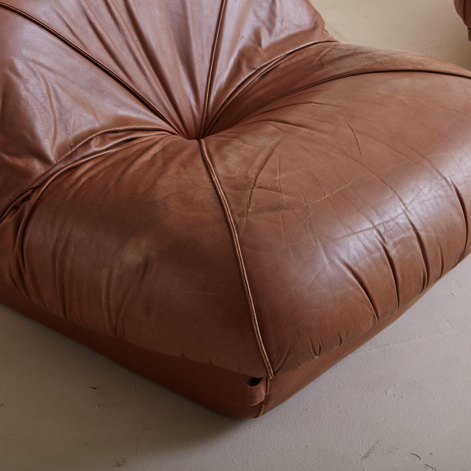 Late 20th Century Pair of Mid Century Ruched Leather Lounge Chairs, France, 1970s