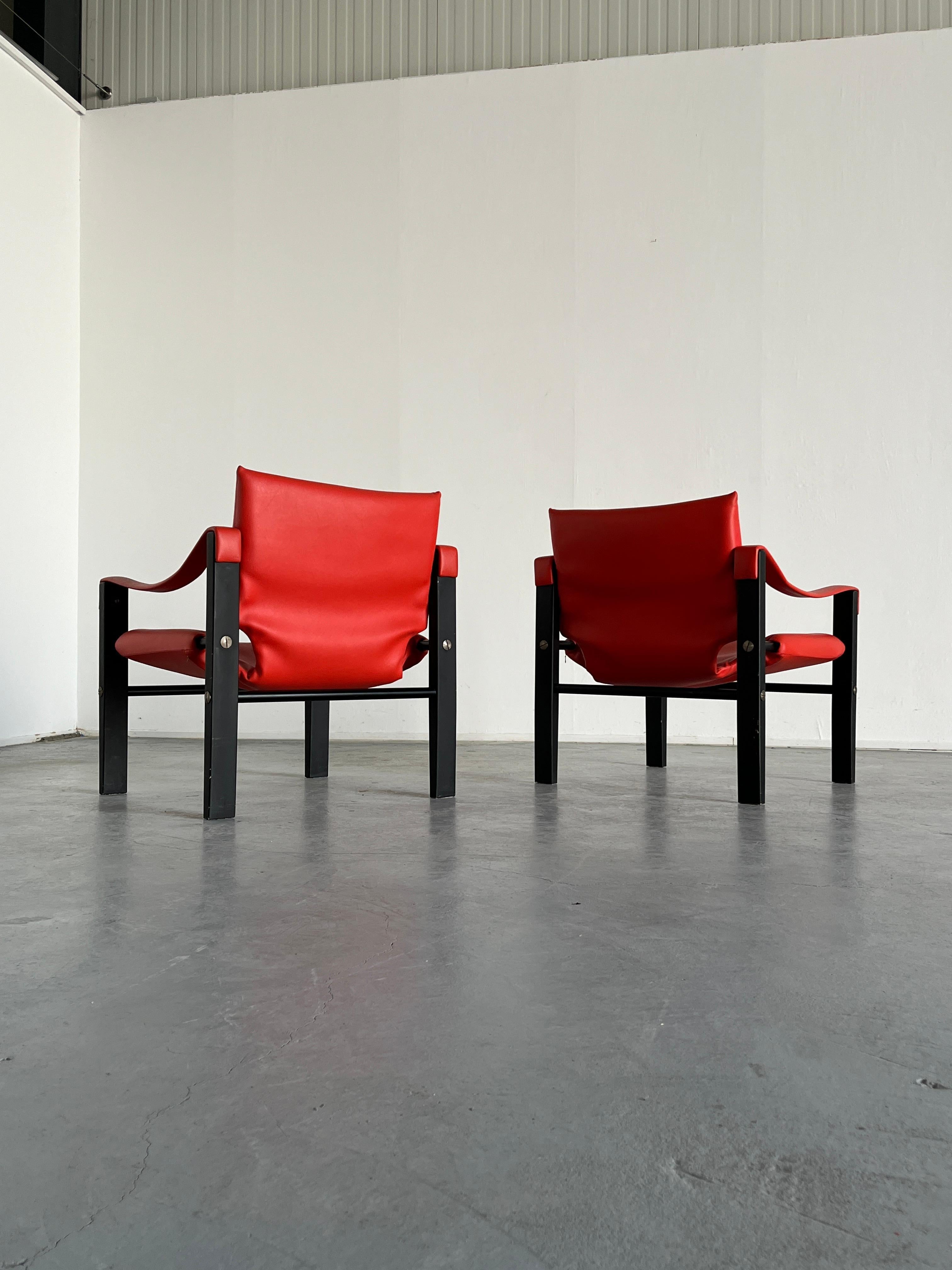 Scottish Pair of Mid-Century Safari Red Armchairs by Maurice Burke for Arkana,  1970s For Sale