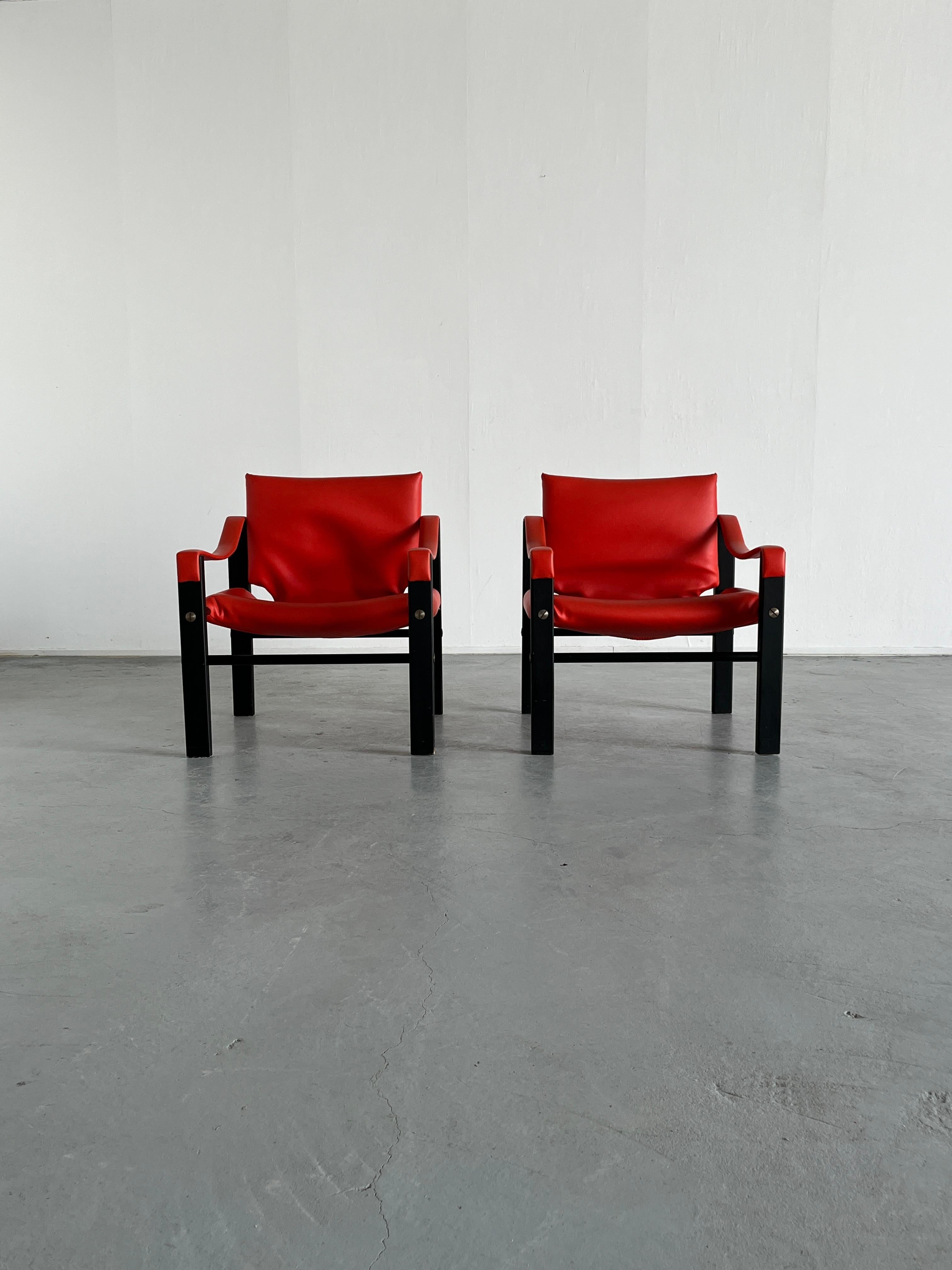 Mid-20th Century Pair of Mid-Century Safari Red Armchairs by Maurice Burke for Arkana,  1970s For Sale