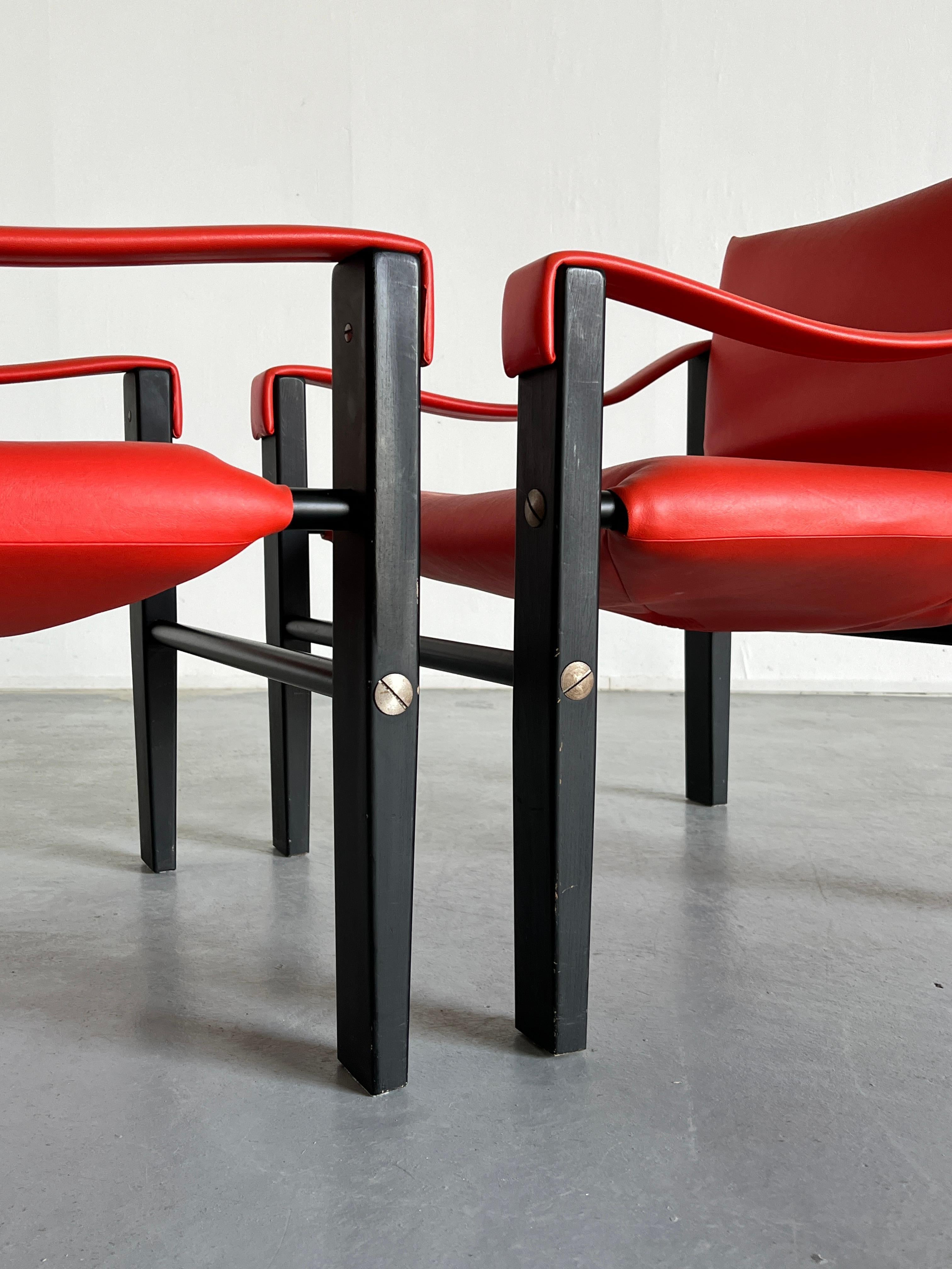 Metal Pair of Mid-Century Safari Red Armchairs by Maurice Burke for Arkana,  1970s For Sale