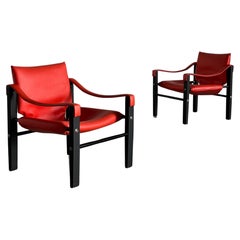 Vintage Pair of Mid-Century Safari Red Armchairs by Maurice Burke for Arkana,  1970s