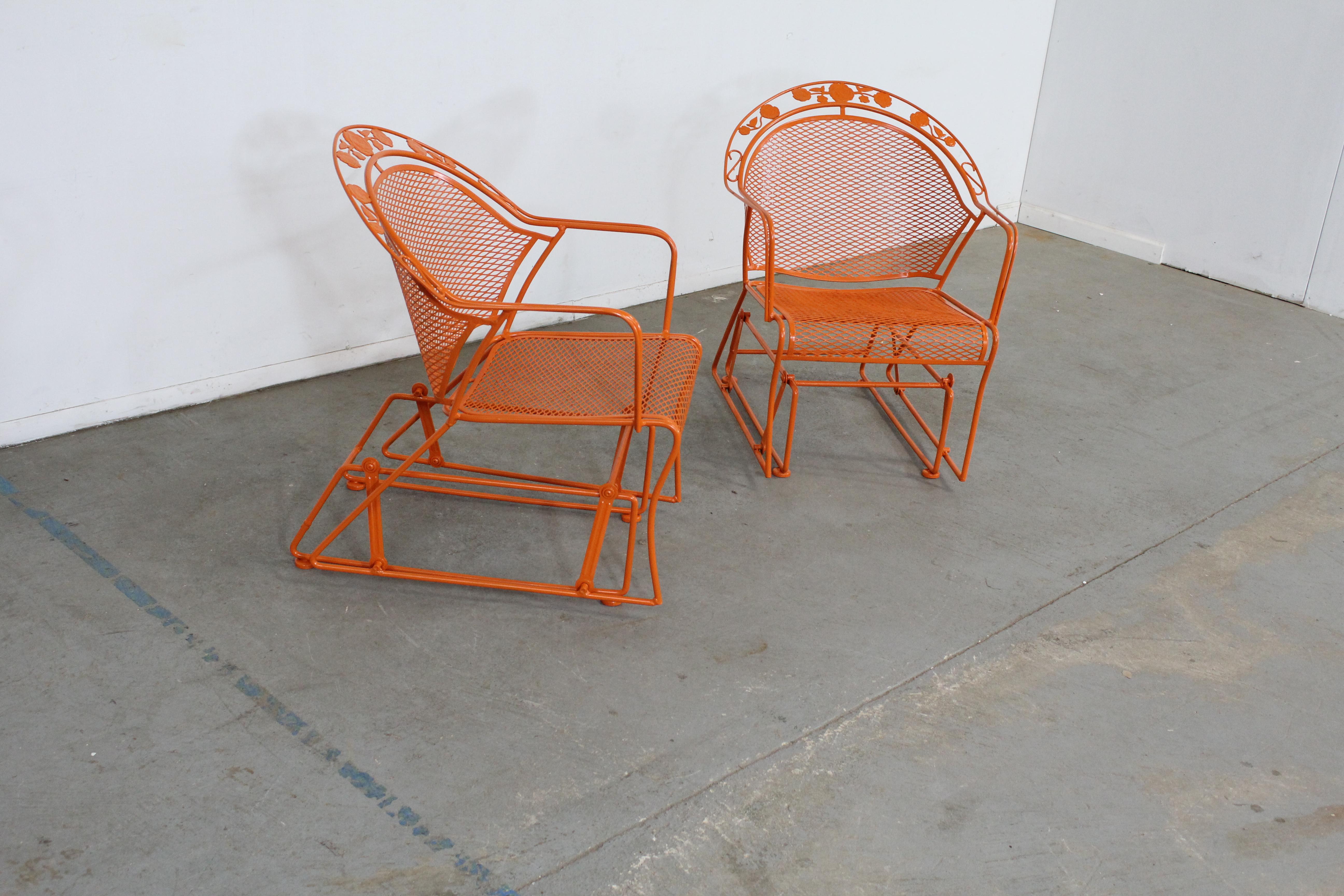 Pair of mid-century Salterini Glider lounge chairs

Offered is a pair of vintage pair of mid-century Salterini Glider lounge chairs. These chairs glide forward and back., and have been repainted in an atomic orange. They're in good condition