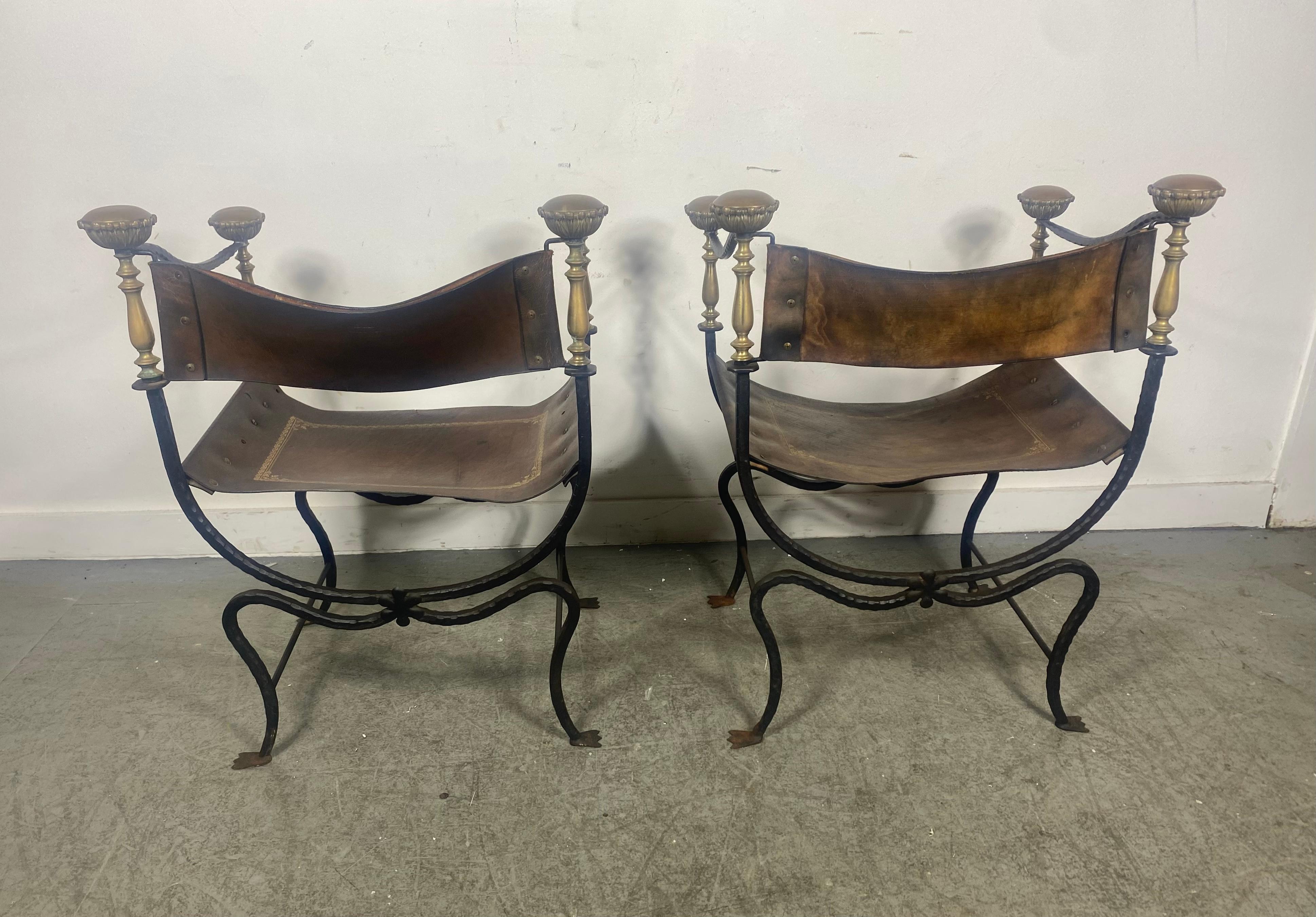 Mid-20th Century Pair of Mid-Century Savonarola Campaign Chairs with Leather Seats & Backs For Sale