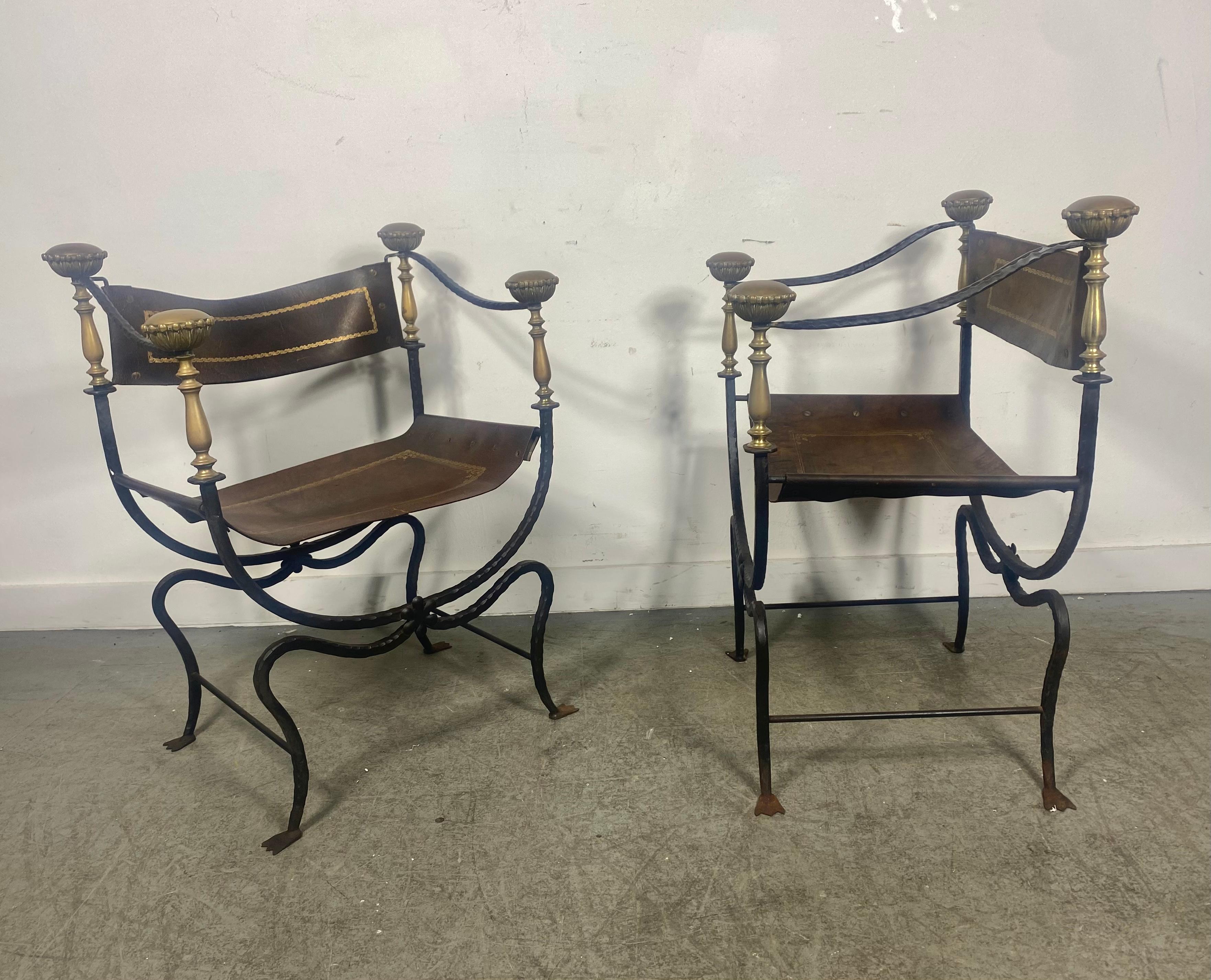Brass Pair of Mid-Century Savonarola Campaign Chairs with Leather Seats & Backs For Sale