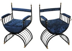 Pair of Mid Century Savonarola Chairs With Blue Velvet Upholstery
