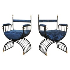 Pair Mid-Century Savonarola Curule Chairs in Blue Velvet Ebonised Iron & Brass
