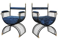 Pair of Mid Century Savonarola Chairs With Blue Velvet Upholstery