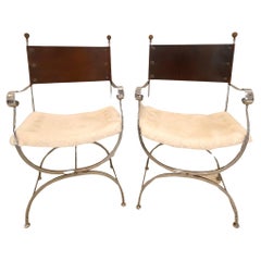 Retro Pair of Mid-Century Savonarola Chairs with Sherpa Seats