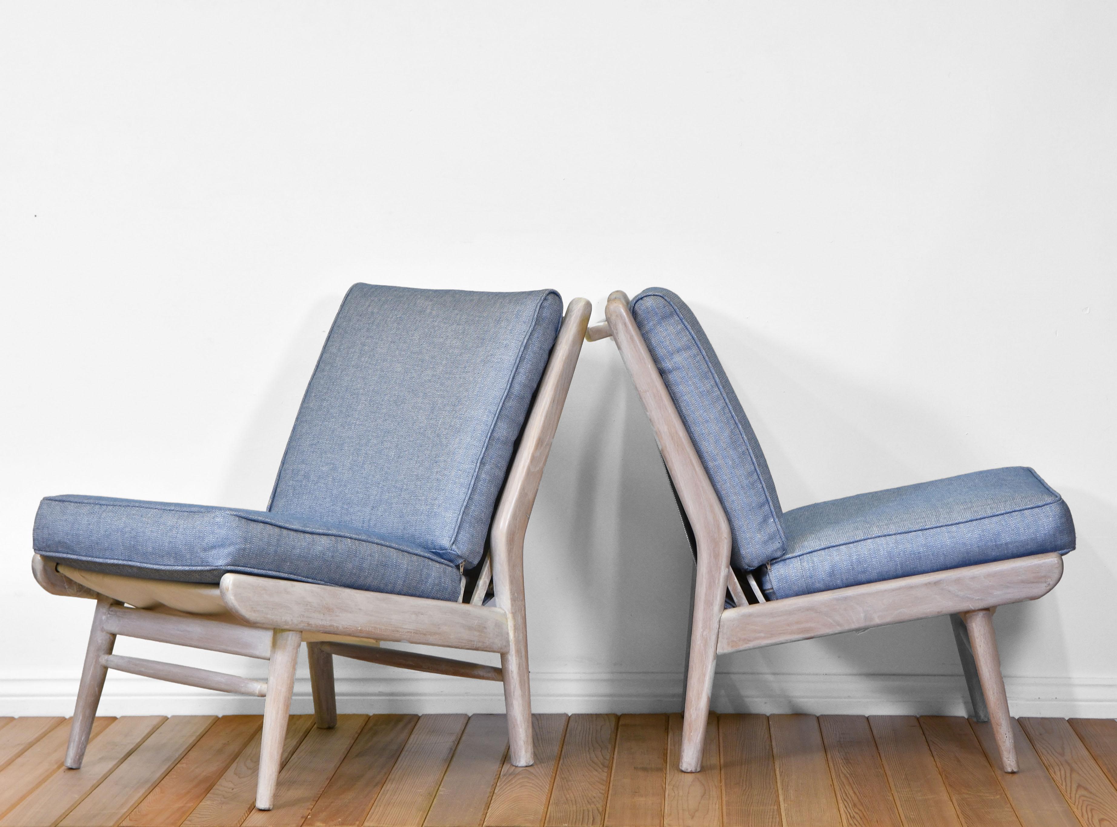 English Pair of Mid-Century Scandart Easy Chairs Mankin Blue Fabric Beach House Modern