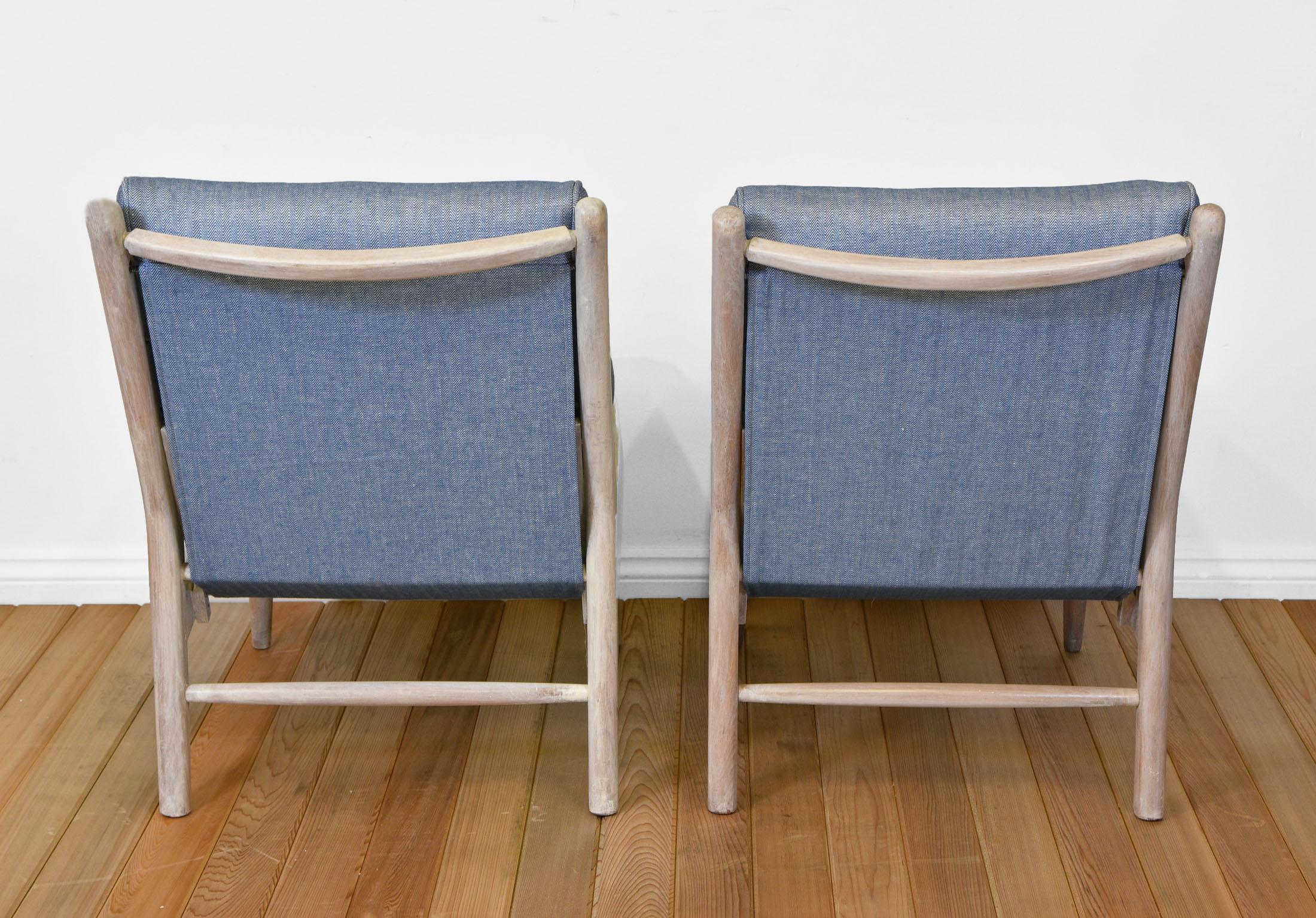 Painted Pair of Mid-Century Scandart Easy Chairs Mankin Blue Fabric Beach House Modern