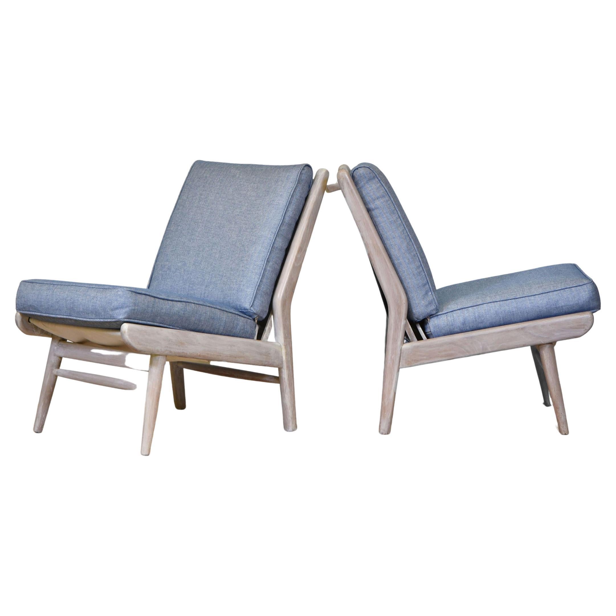 Pair of Mid-Century Scandart Easy Chairs Mankin Blue Fabric Beach House Modern