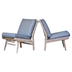 Pair of Mid-Century Scandart Easy Chairs Mankin Blue Fabric Beach House Modern