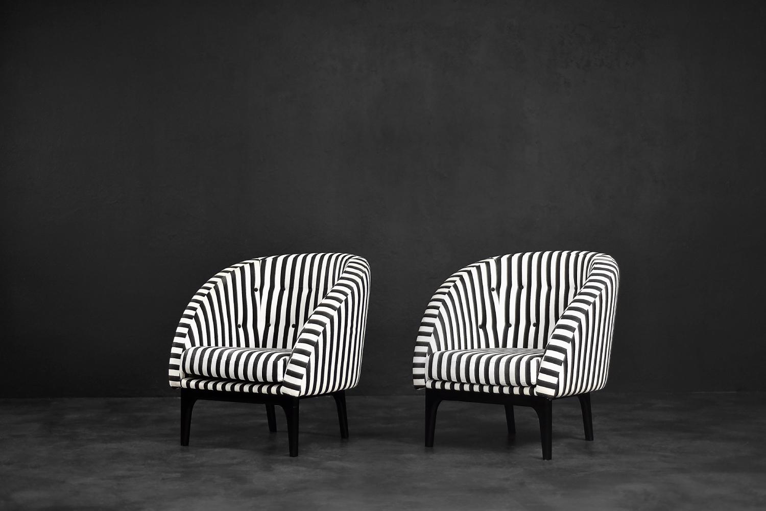 Danish Pair of Mid-Century Scandinavian Modern Armchairs with Black&White Stripes, 1960 For Sale