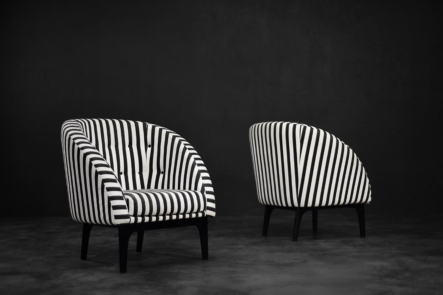 Mid-20th Century Pair of Mid-Century Scandinavian Modern Armchairs with Black&White Stripes, 1960 For Sale