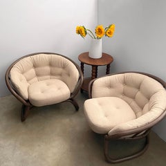 Pair of Mid Century Scandinavian Rattan Lounge Chairs with Linen Cushions