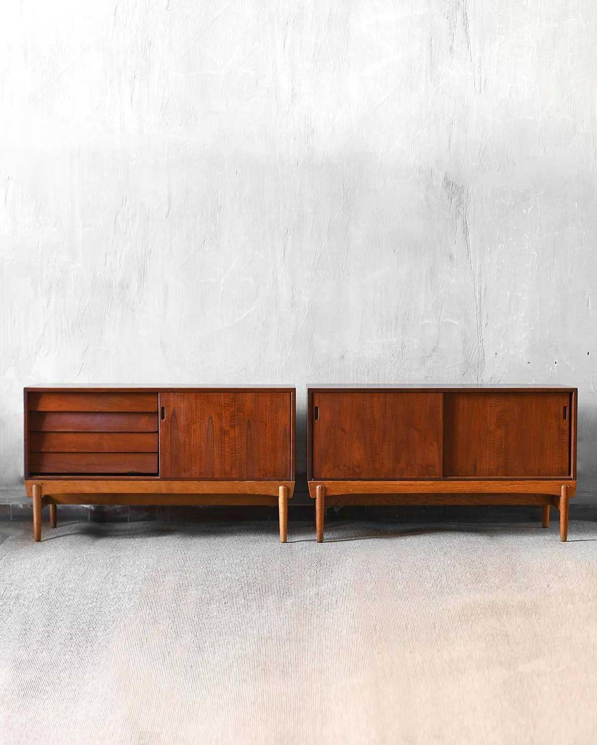 Pair of mid-century scandinavian sideboards 
Product details
Storage units with sliding doors, drawers and internal shelves.
Dimensions 126 W x 72 H x 44 D cm