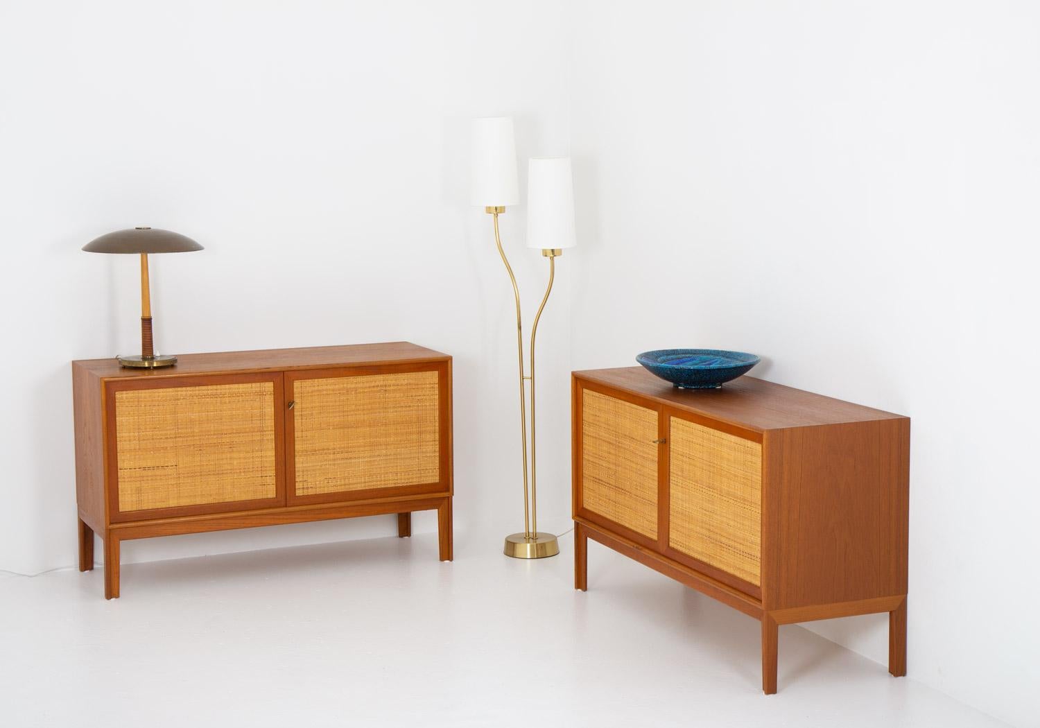 Pair of Mid Century Scandinavian Sideboards in Teak and Rattan by Alf Svensson For Sale 3