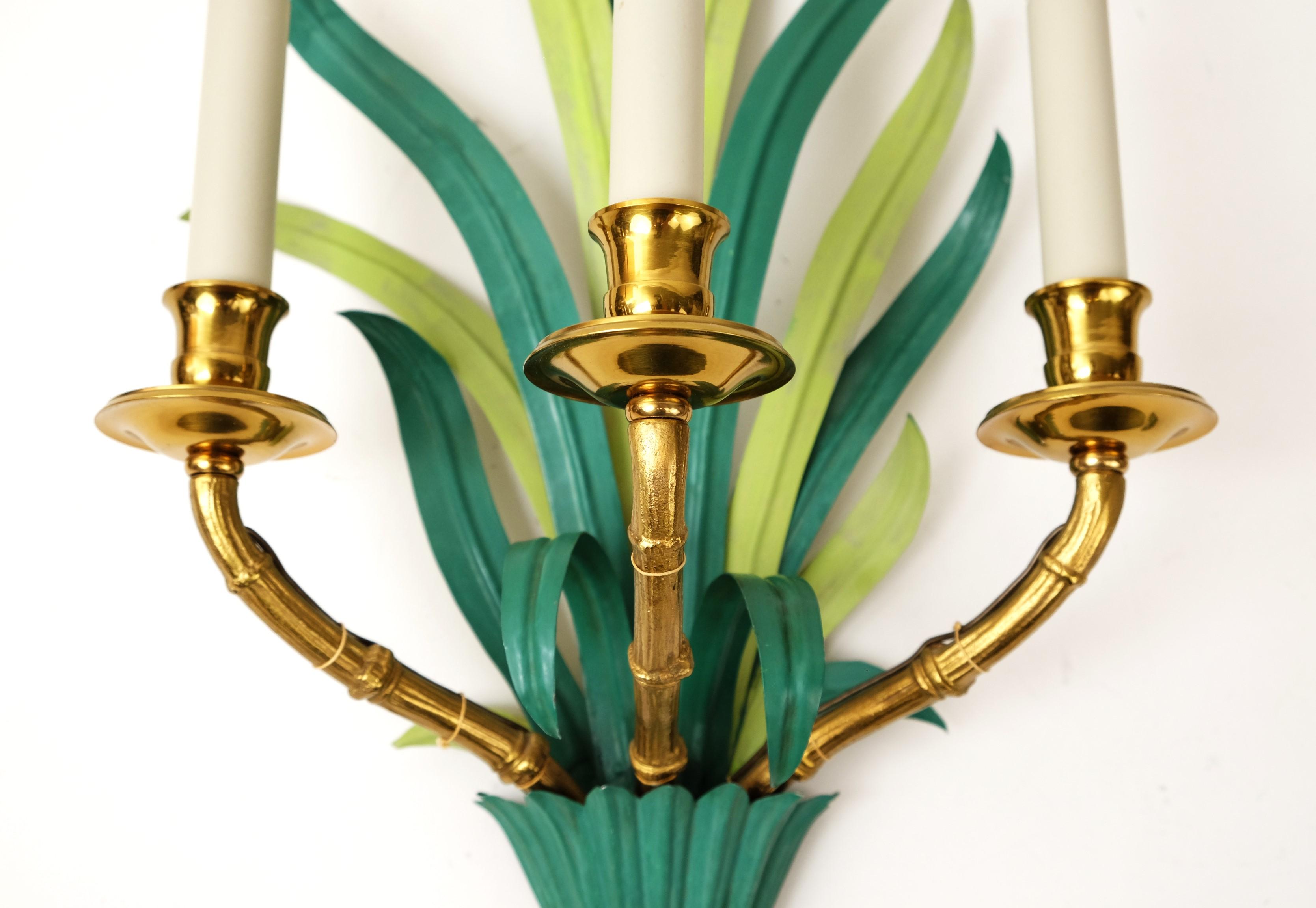 Pair of Wall Lamps / Sconces by Maison Bagues Bamboo Palm Leaves, France 1950s For Sale 10