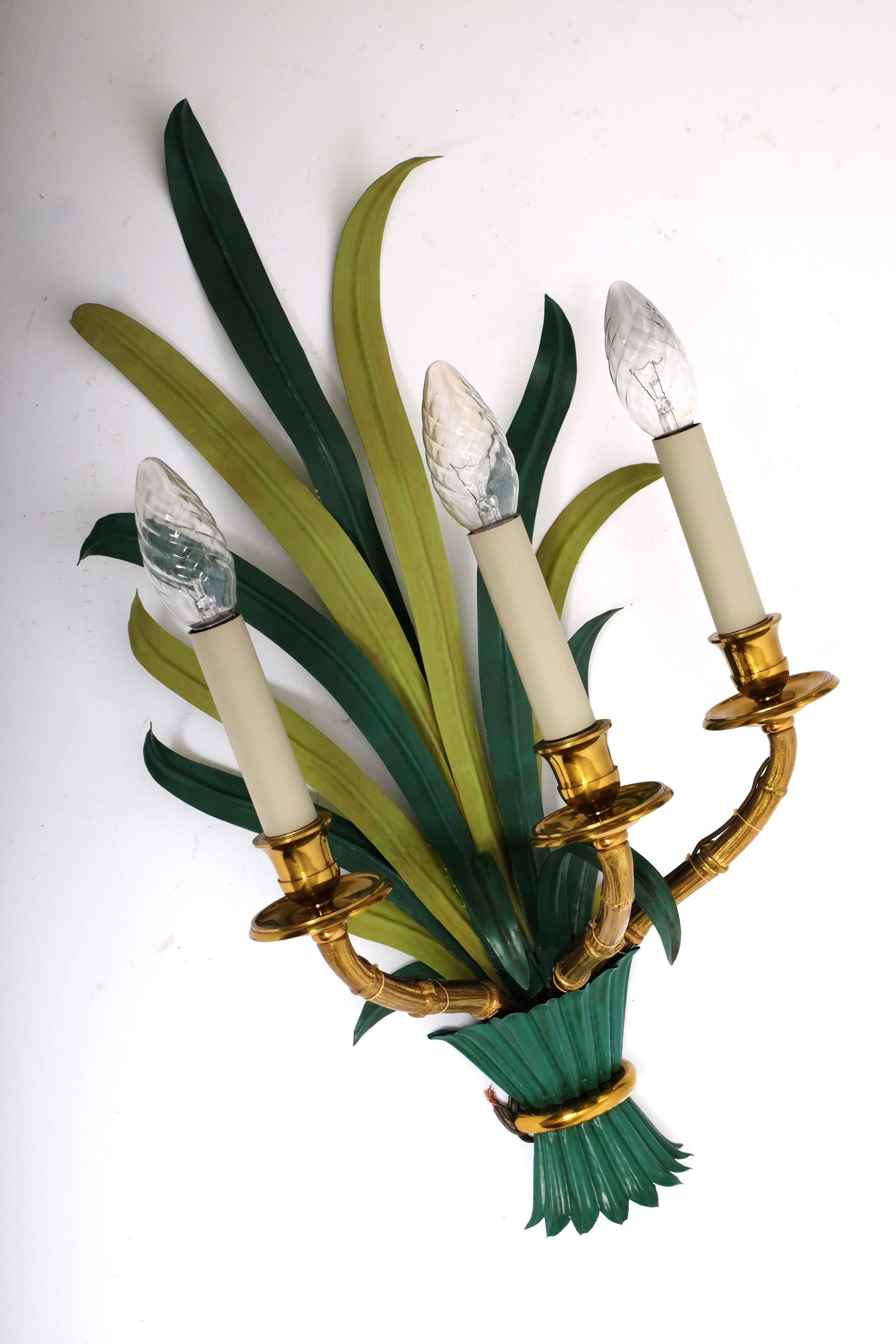Pair of Mid Century Sconces by Maison Bagues Bamboo Palm Leaves, France 1950s 3