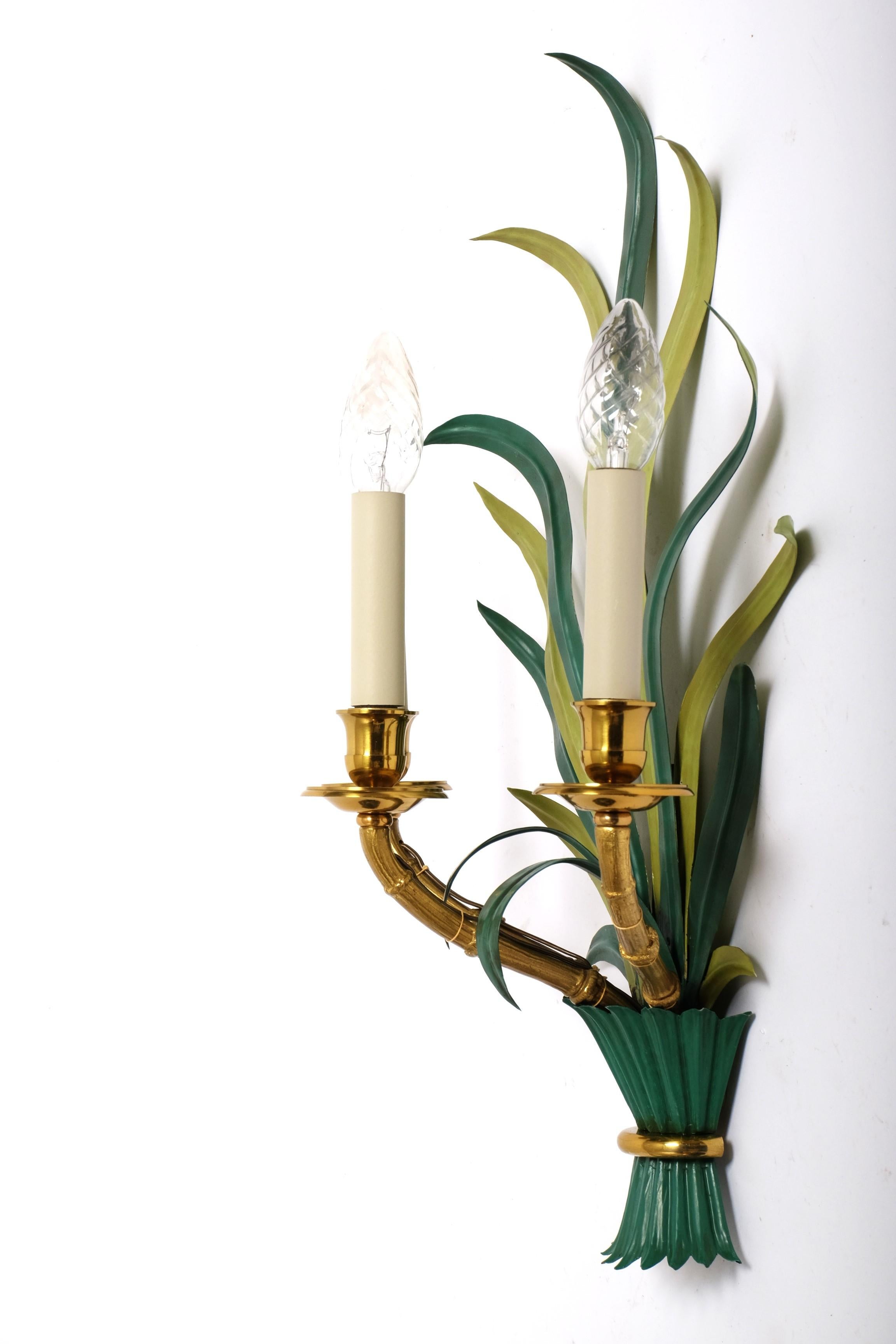 Pair of Mid Century Sconces by Maison Bagues Bamboo Palm Leaves, France 1950s 8