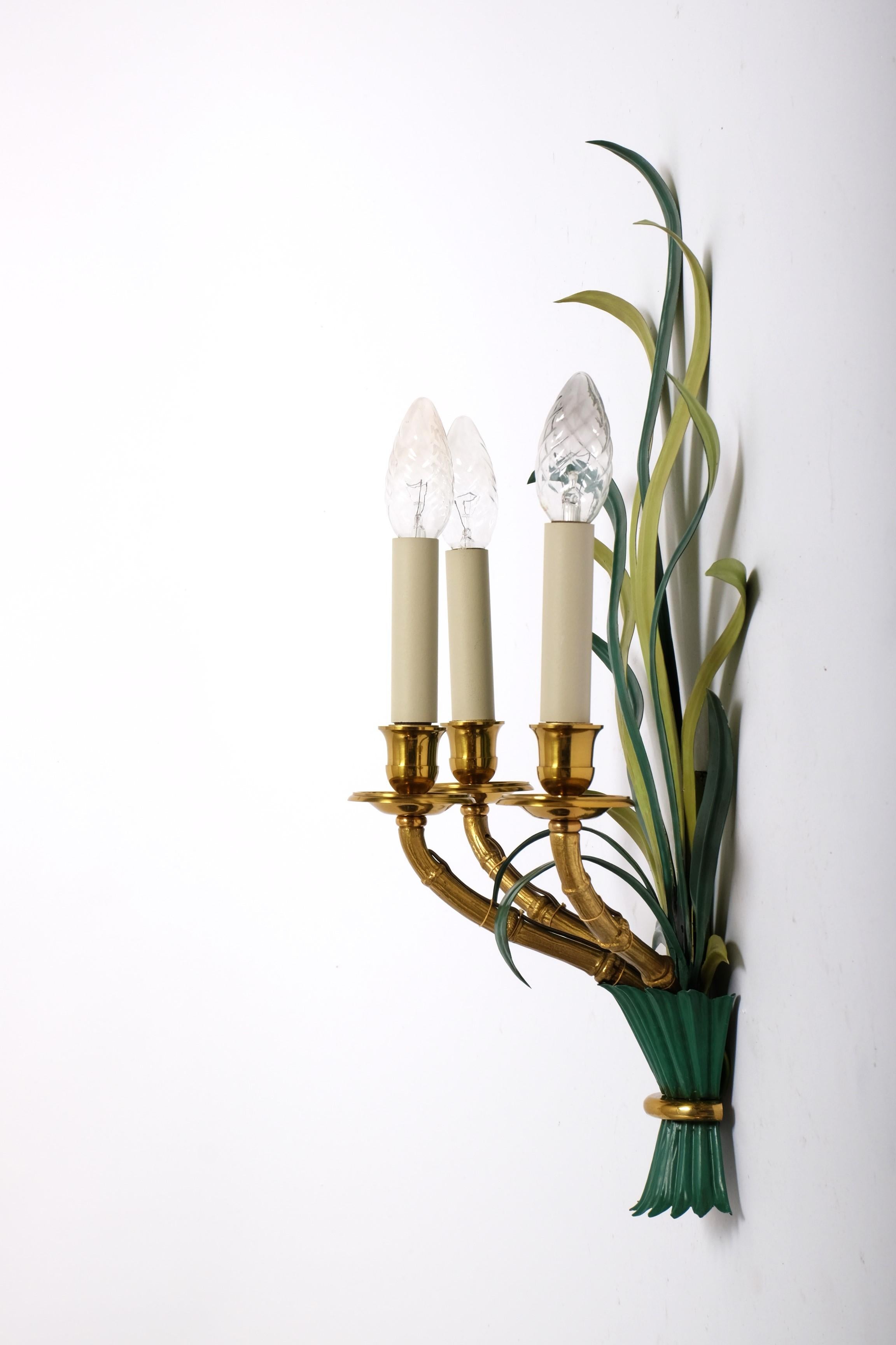 Pair of Mid Century Sconces by Maison Bagues Bamboo Palm Leaves, France 1950s 9