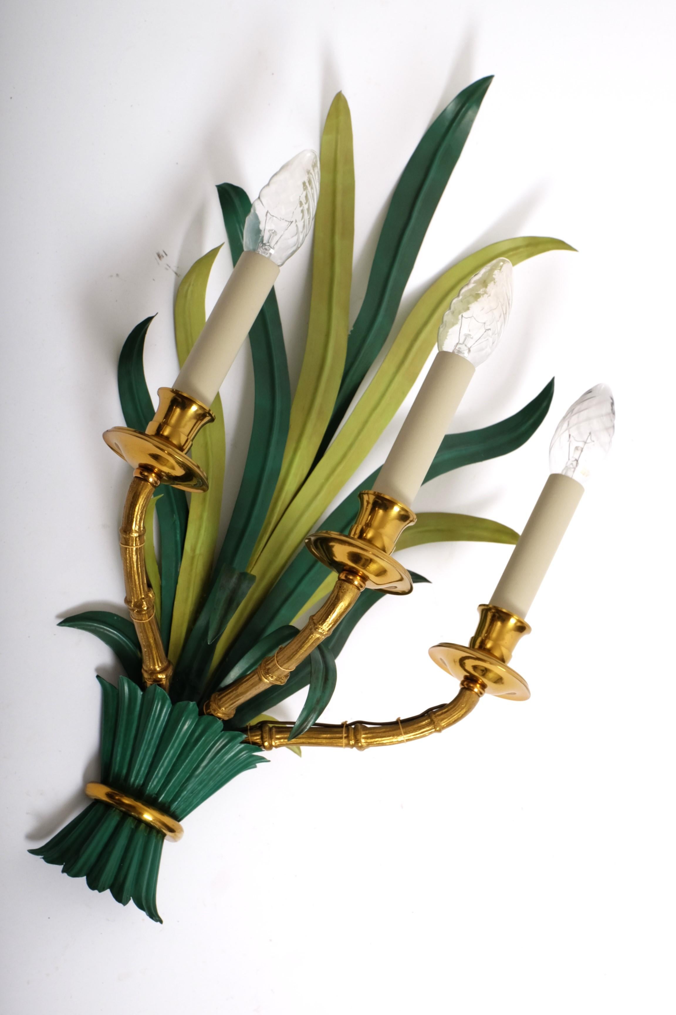 Pair of Mid Century Sconces by Maison Bagues Bamboo Palm Leaves, France 1950s 5