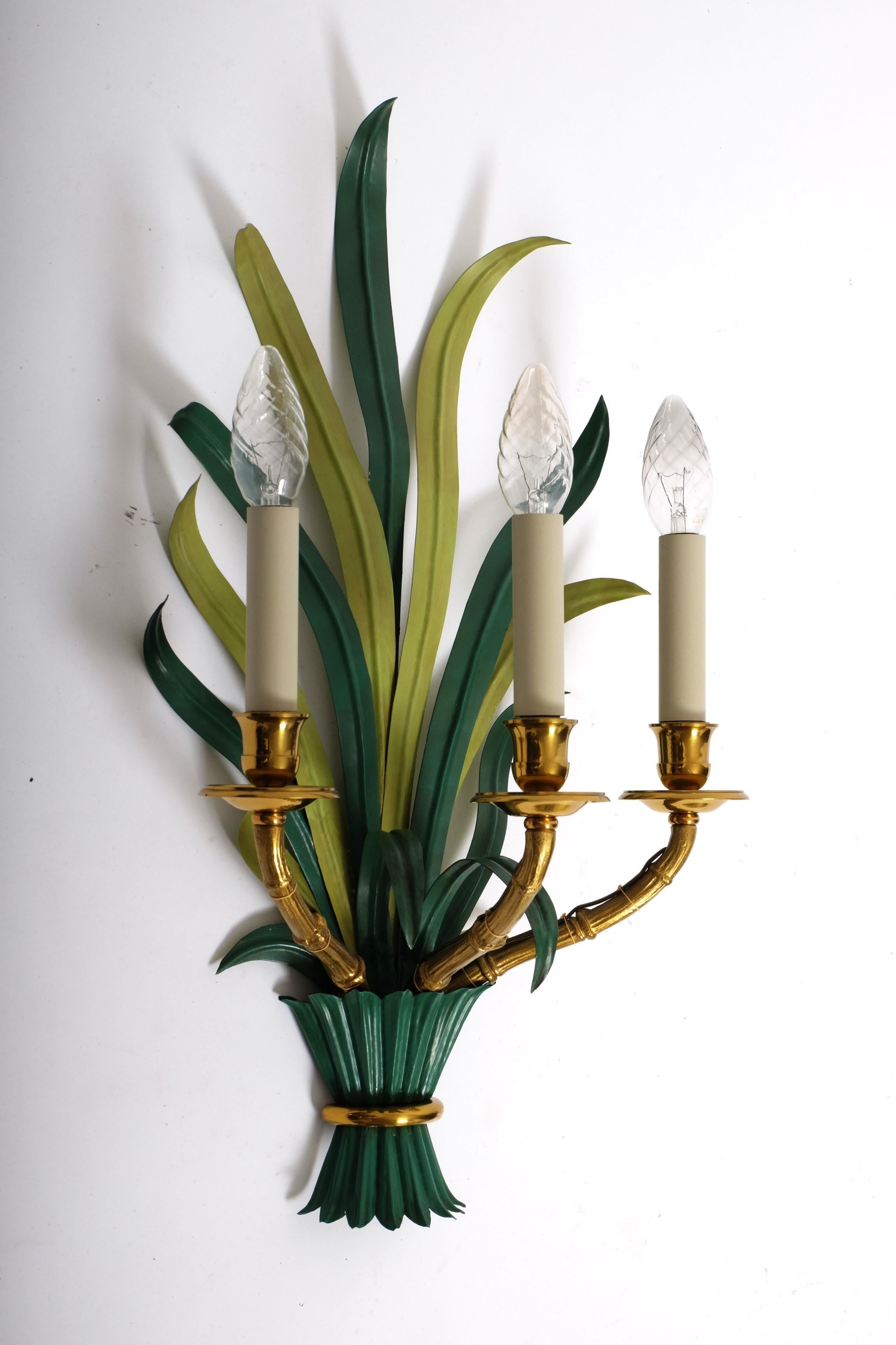 Pair of Mid Century Sconces by Maison Bagues Bamboo Palm Leaves, France 1950s 7