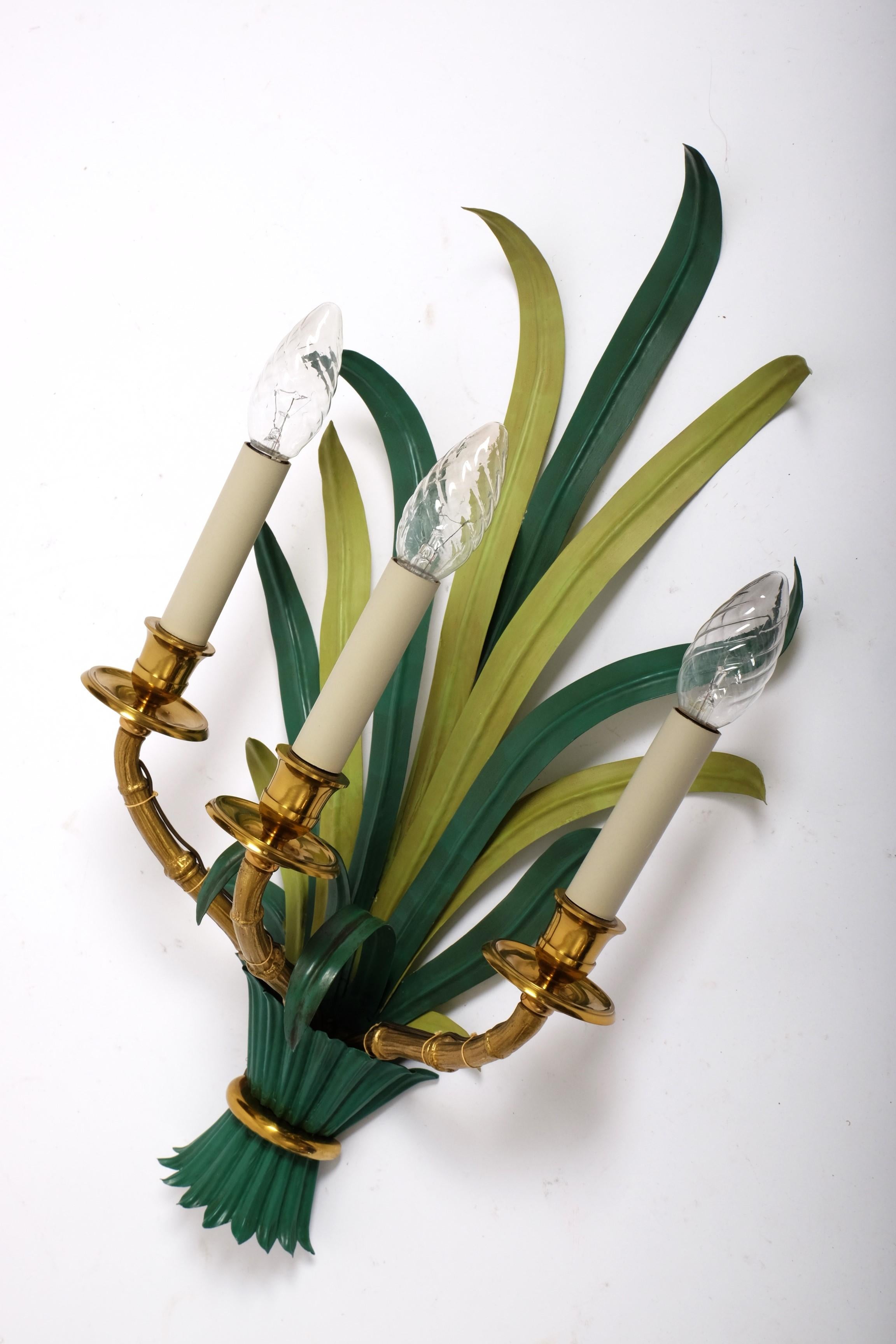 Pair of Mid Century Sconces by Maison Bagues Bamboo Palm Leaves, France 1950s 4