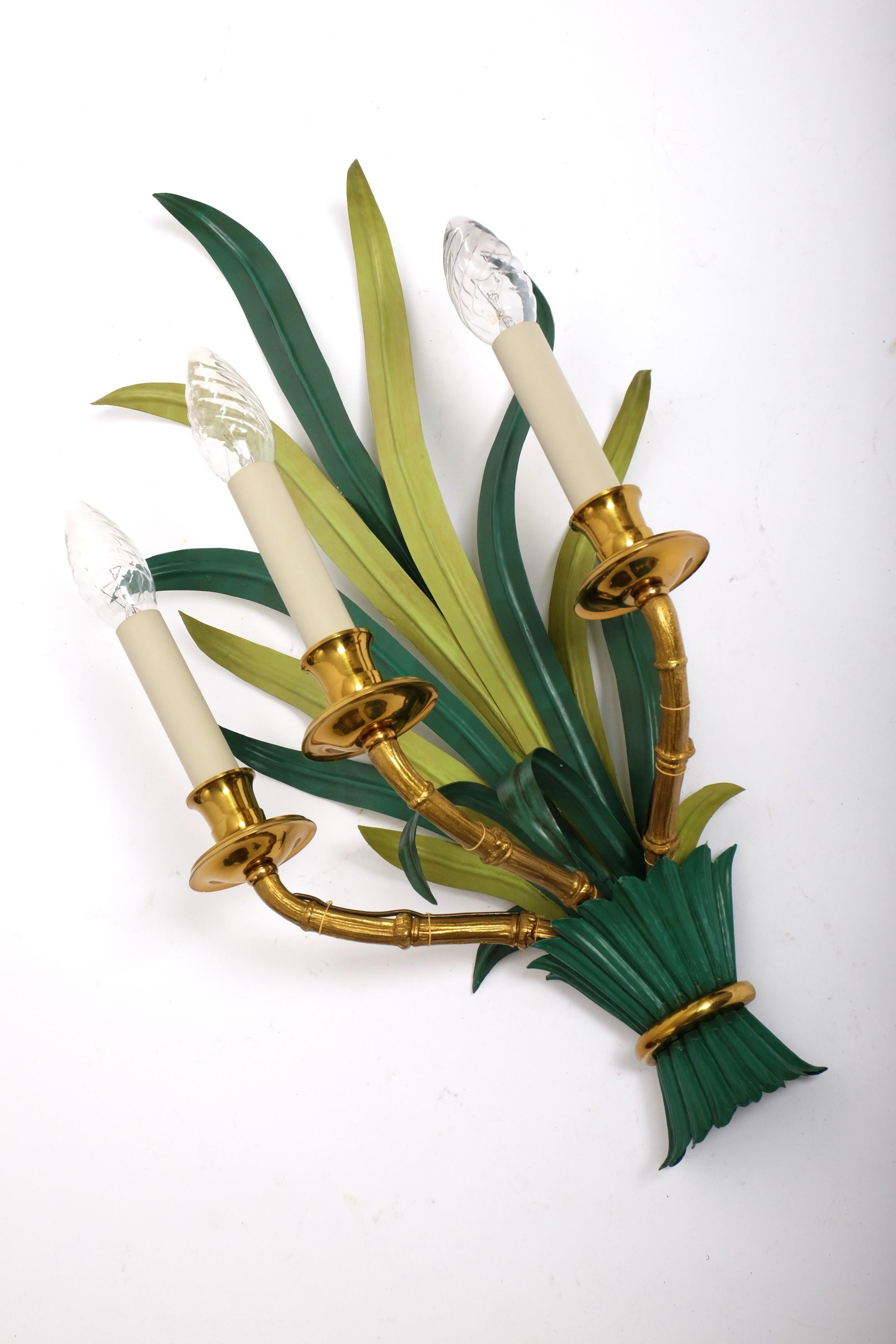 Pair of Mid Century Sconces by Maison Bagues Bamboo Palm Leaves, France 1950s 6