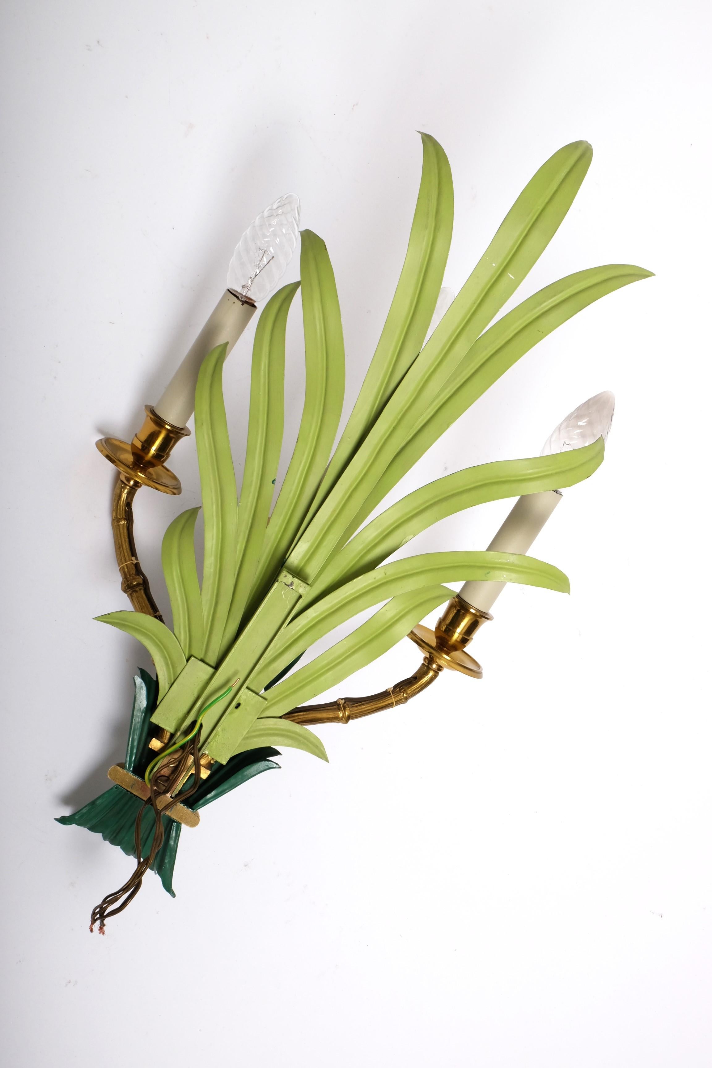 Pair of Mid Century Sconces by Maison Bagues Bamboo Palm Leaves, France 1950s 11