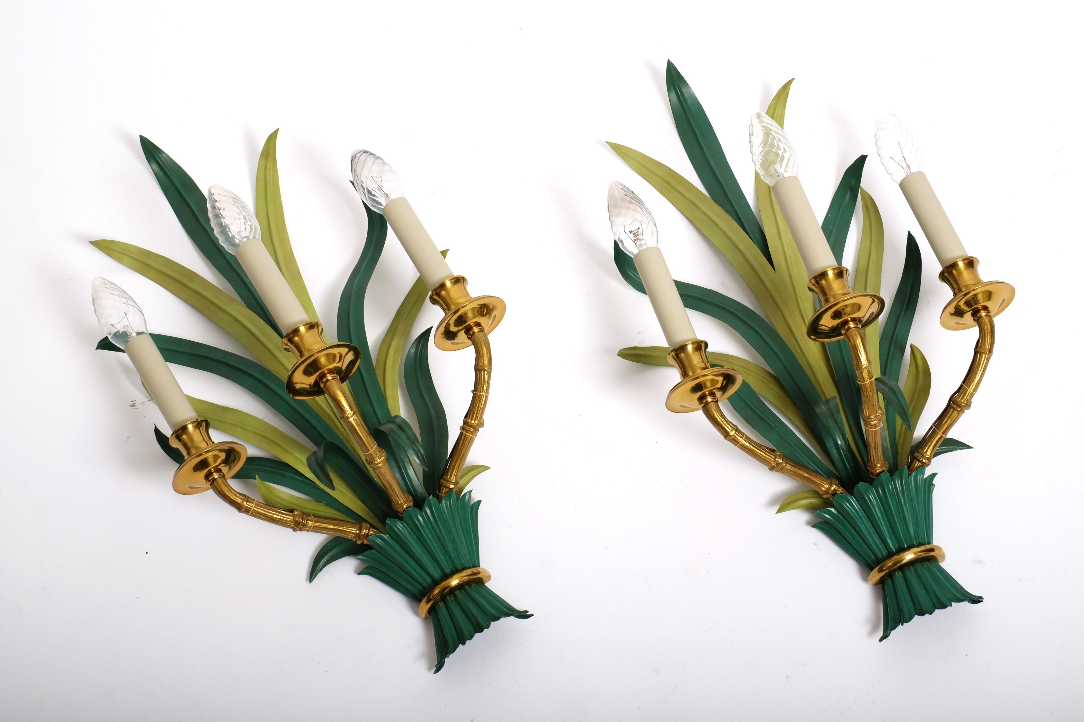 Mid-Century Modern Pair of Mid Century Sconces by Maison Bagues Bamboo Palm Leaves, France 1950s