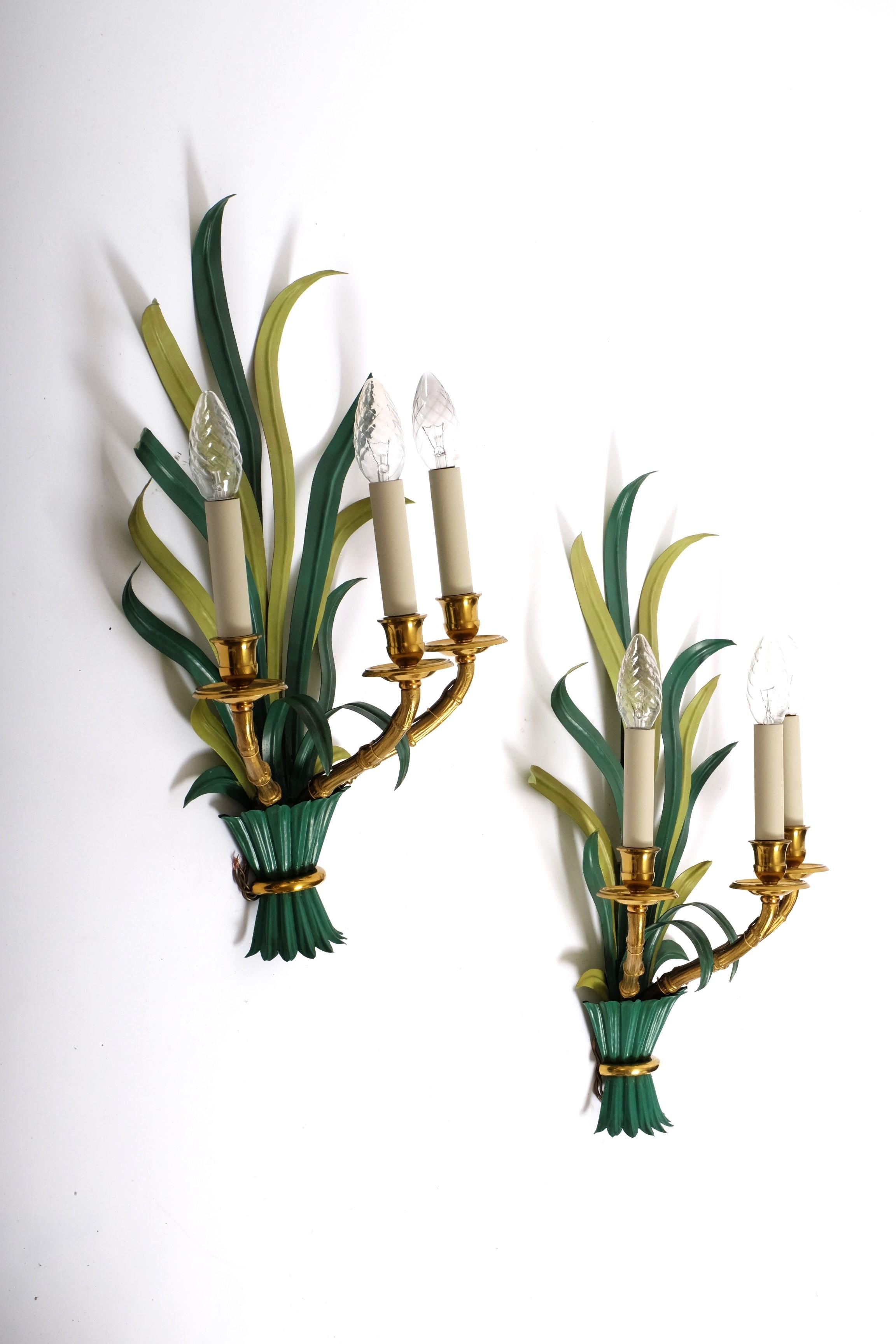 French Pair of Mid Century Sconces by Maison Bagues Bamboo Palm Leaves, France 1950s