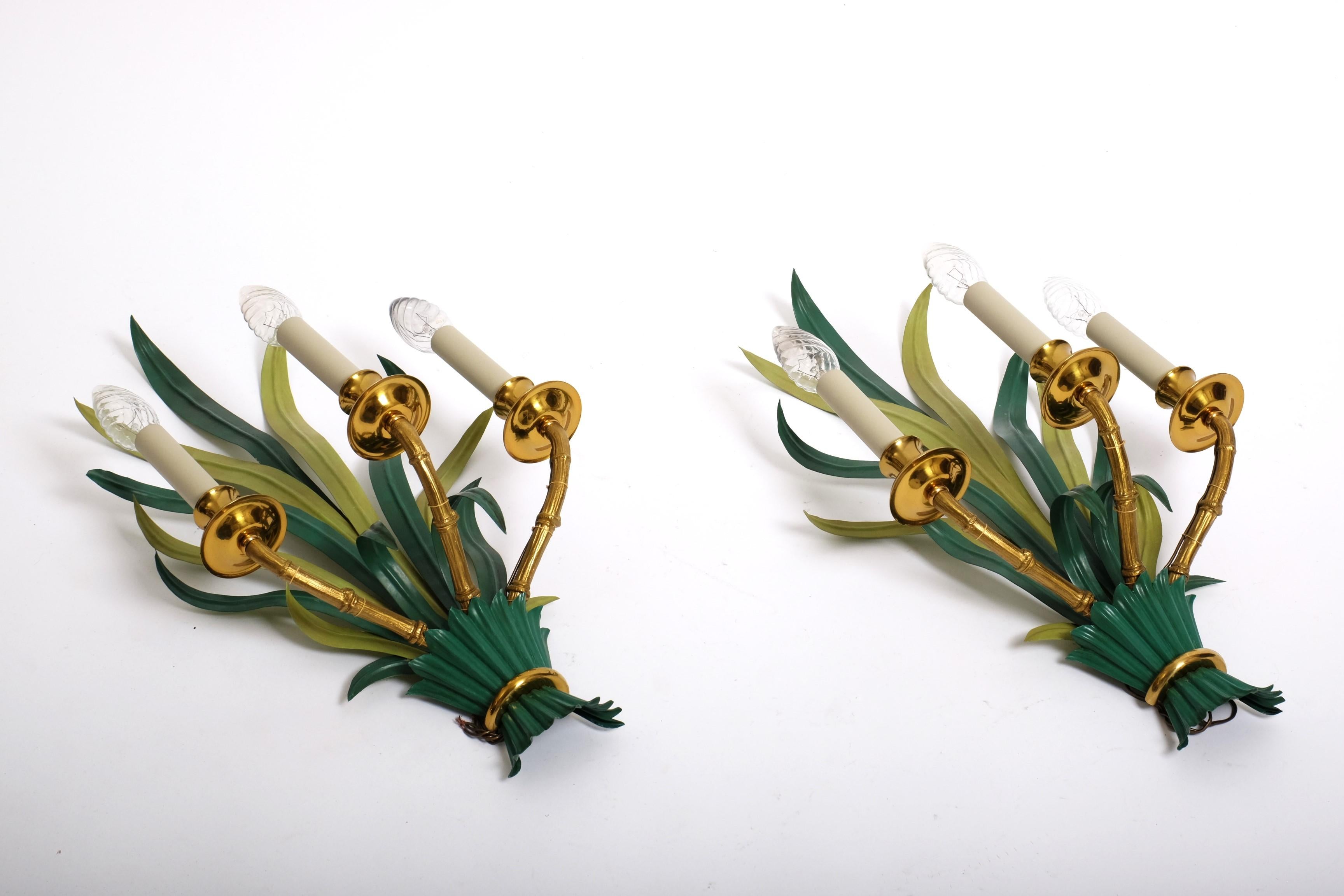 Pair of Mid Century Sconces by Maison Bagues Bamboo Palm Leaves, France 1950s In Good Condition In München, BY