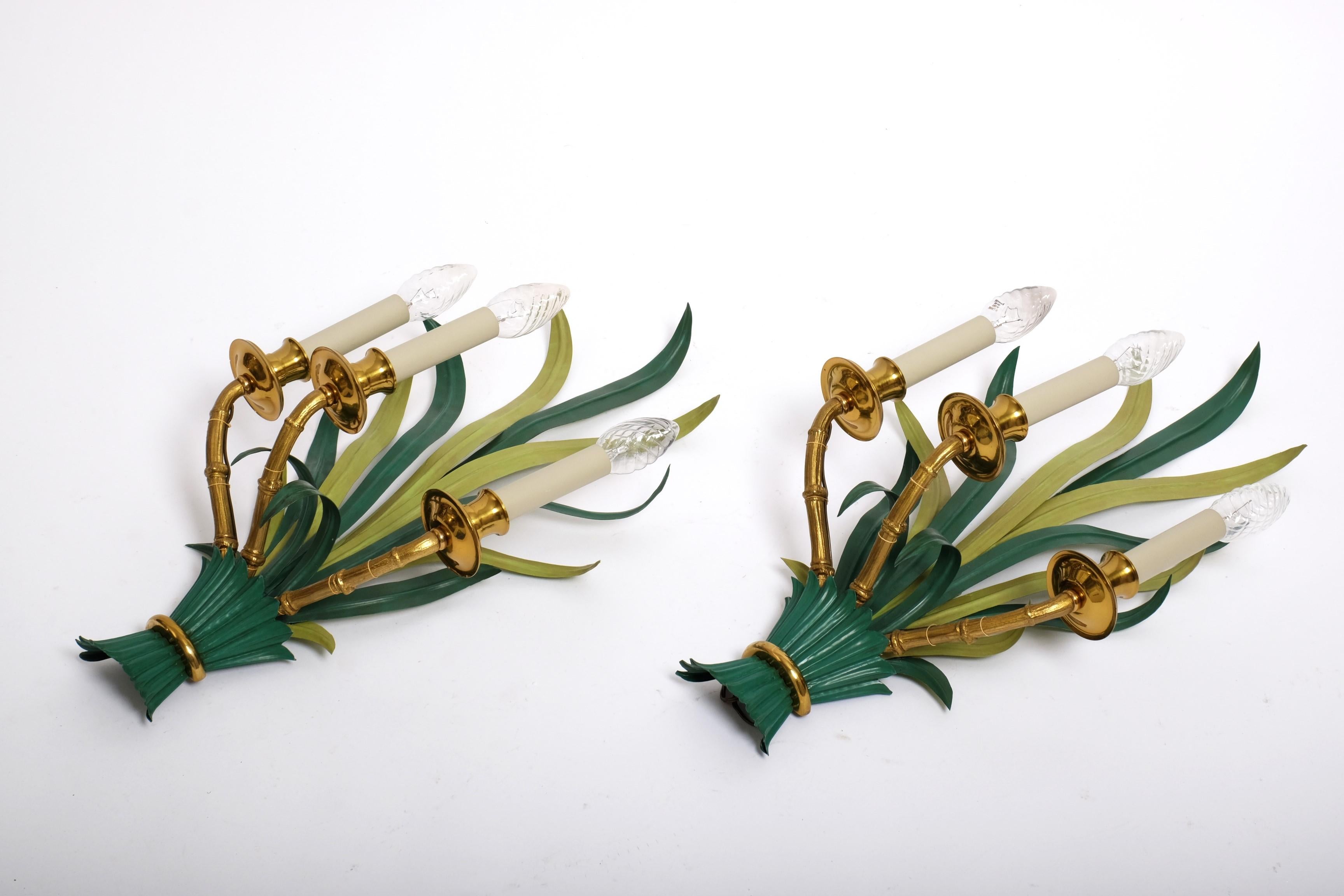 Mid-20th Century Pair of Mid Century Sconces by Maison Bagues Bamboo Palm Leaves, France 1950s